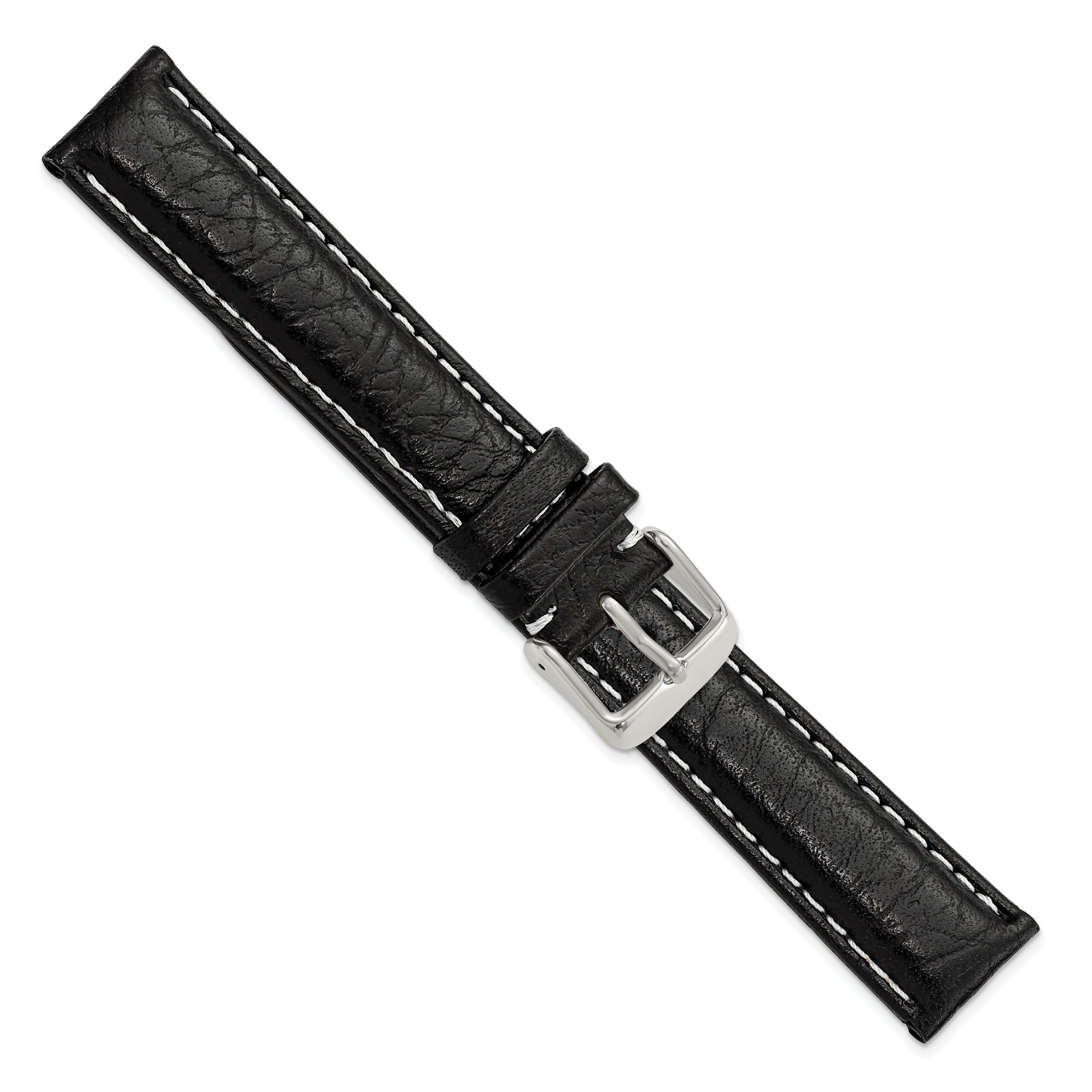 12mm Black Sport Leather with White Stitching and Silver-tone Buckle 6.75 inch Watch Band