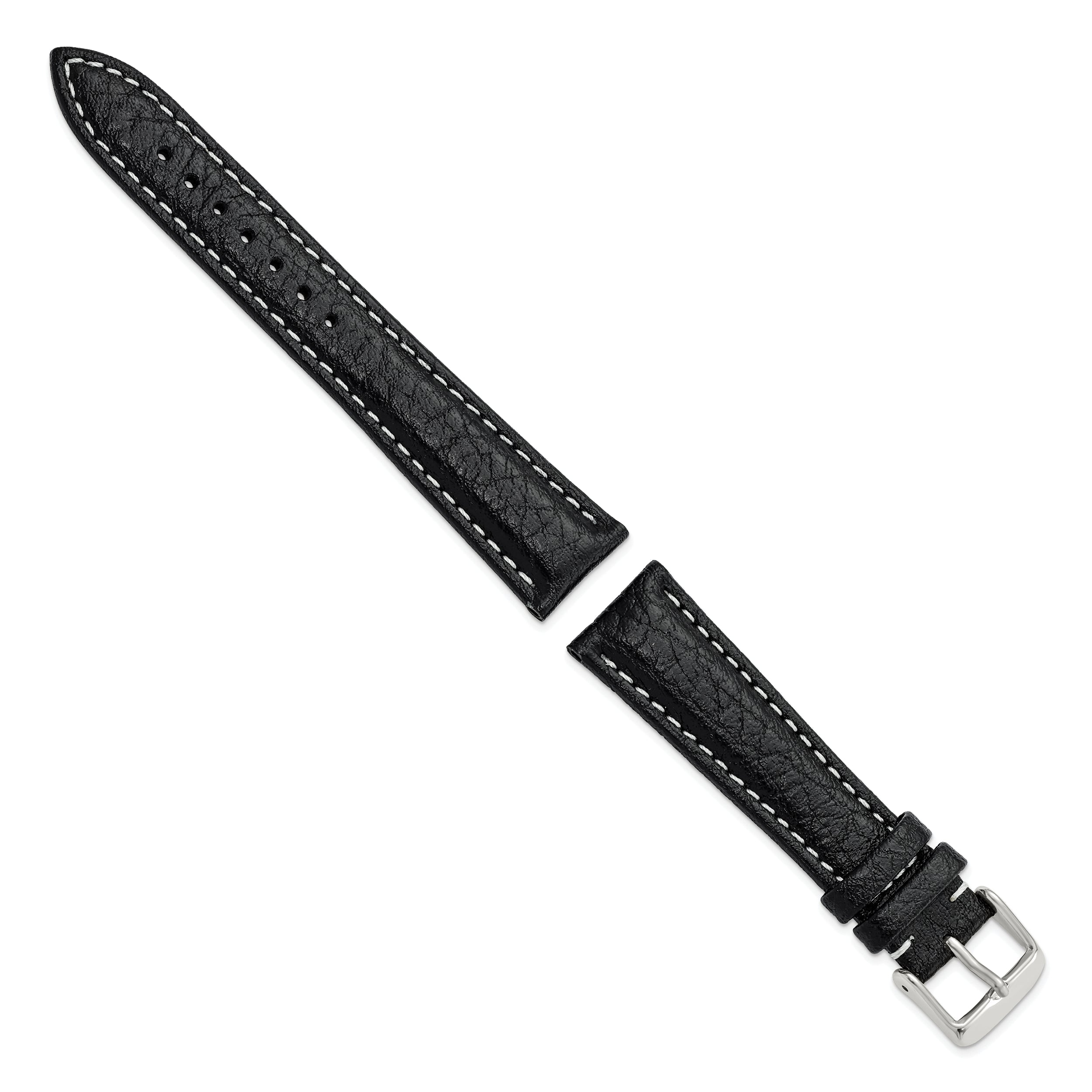 12mm Black Sport Leather with White Stitching and Silver-tone Buckle 6.75 inch Watch Band