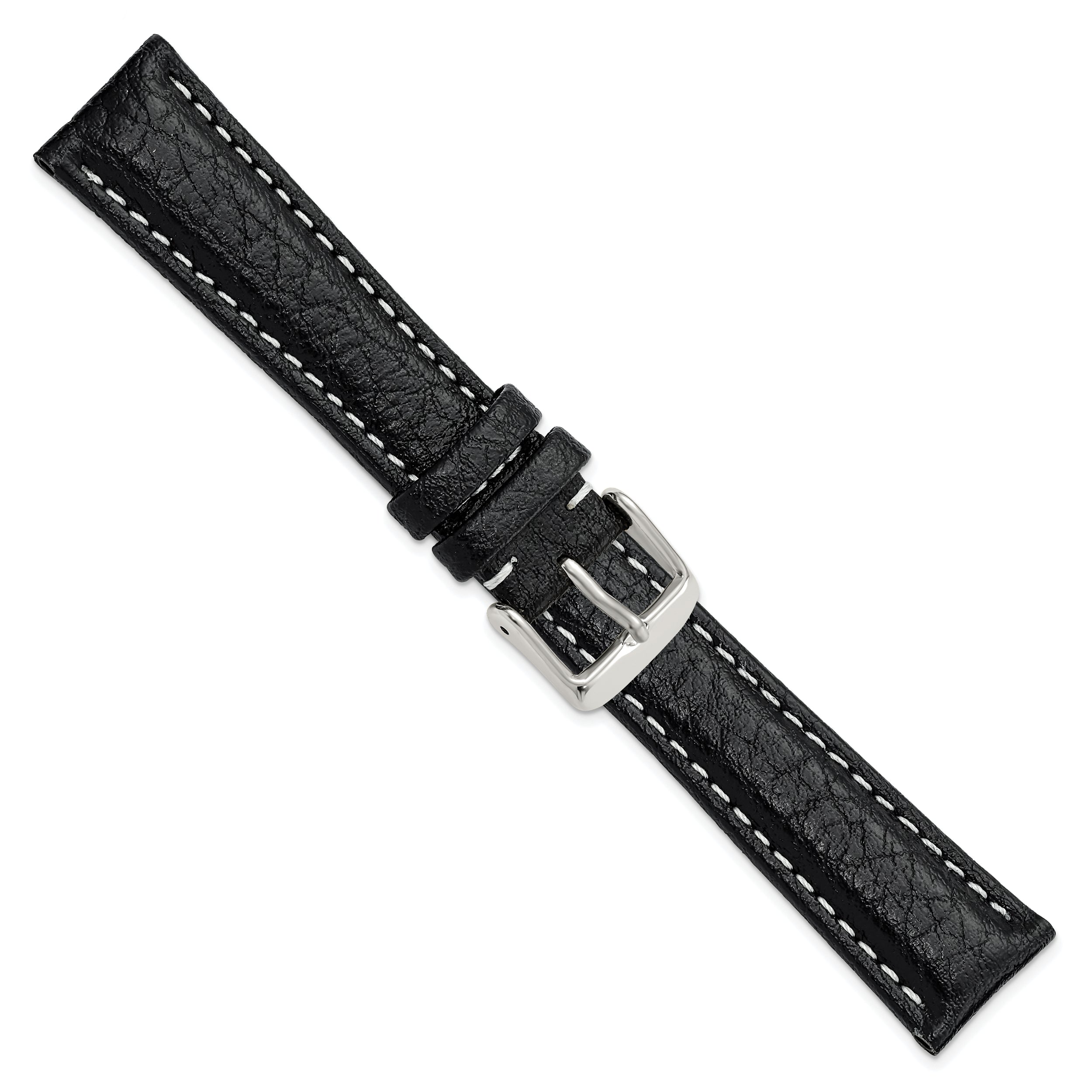 12mm Black Sport Leather with White Stitching and Silver-tone Buckle 6.75 inch Watch Band