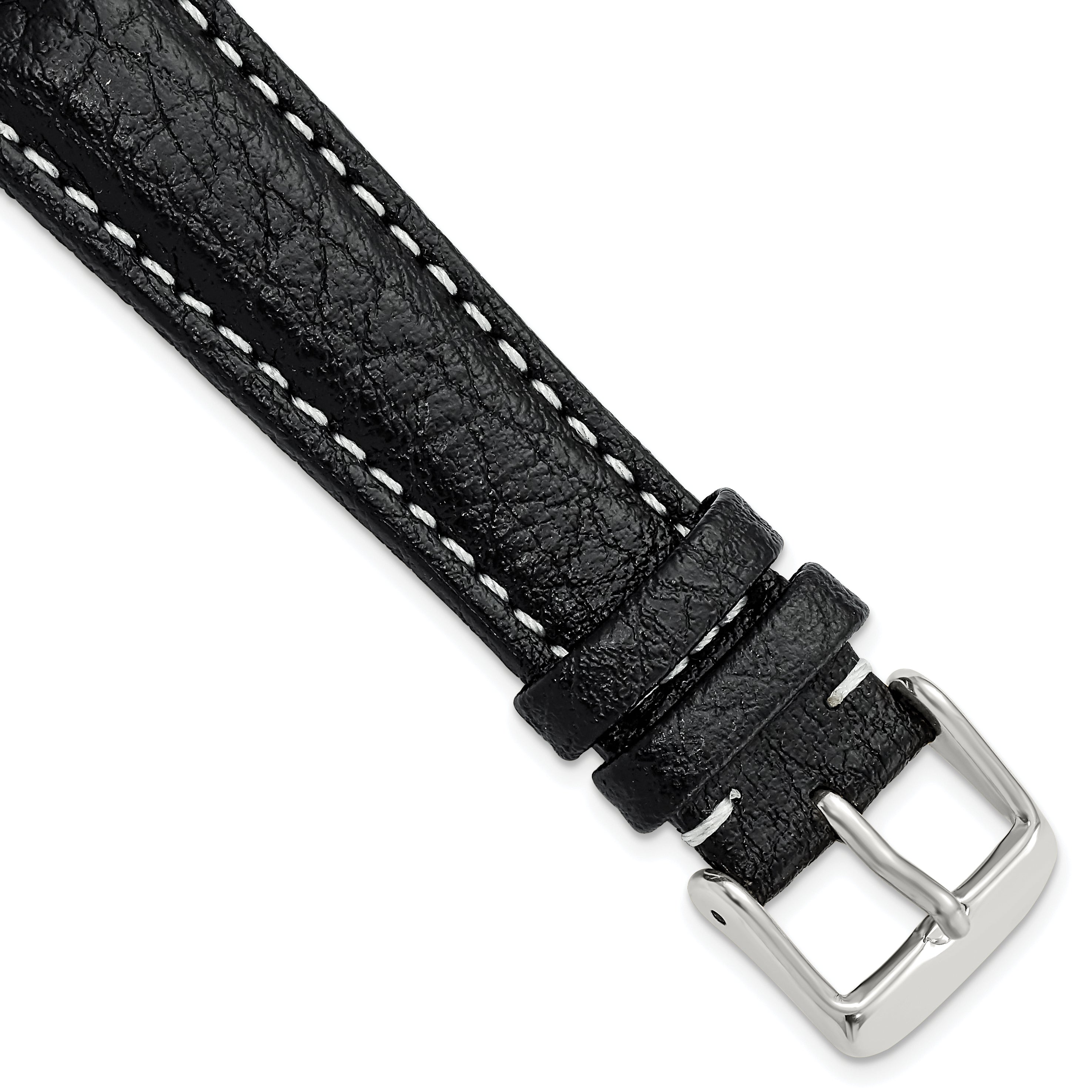 DeBeer 19mm Black Sport Leather with White Stitching and Silver-tone Buckle 7.5 inch Watch Band