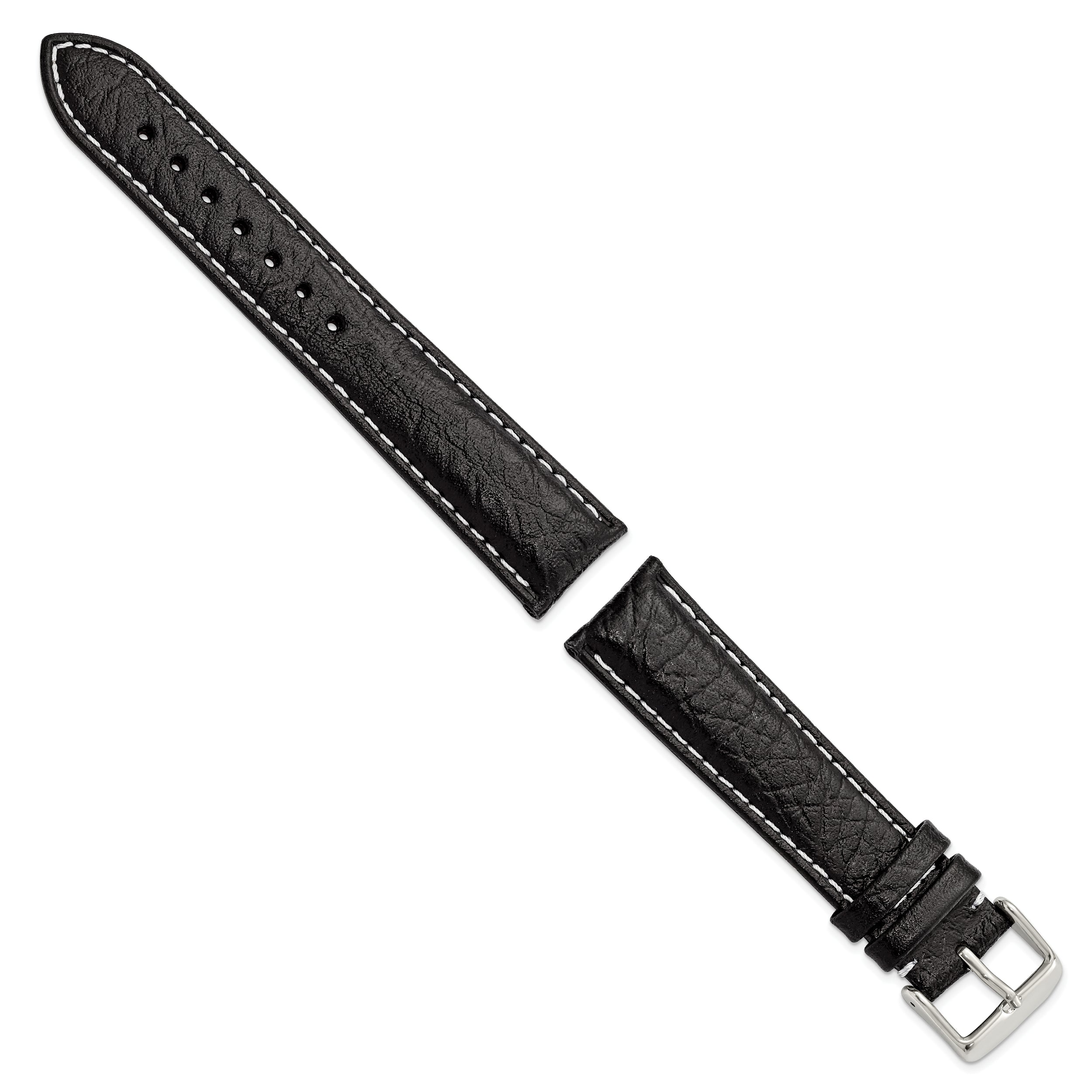 12mm Black Sport Leather with White Stitching and Silver-tone Buckle 6.75 inch Watch Band