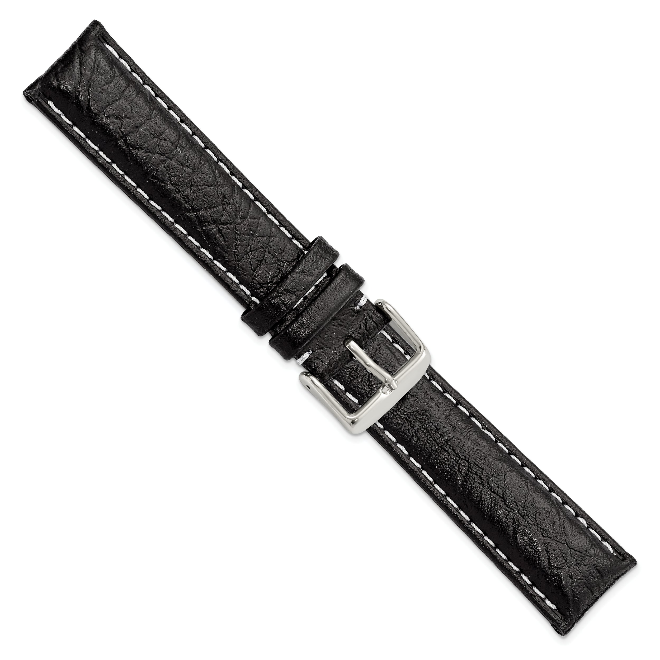 12mm Black Sport Leather with White Stitching and Silver-tone Buckle 6.75 inch Watch Band