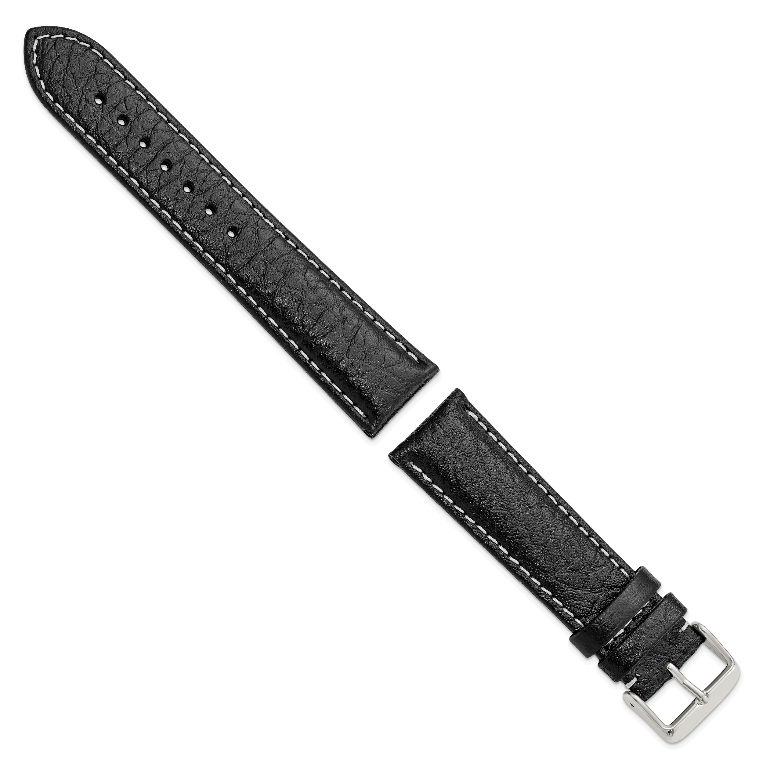 12mm Black Sport Leather with White Stitching and Silver-tone Buckle 6.75 inch Watch Band