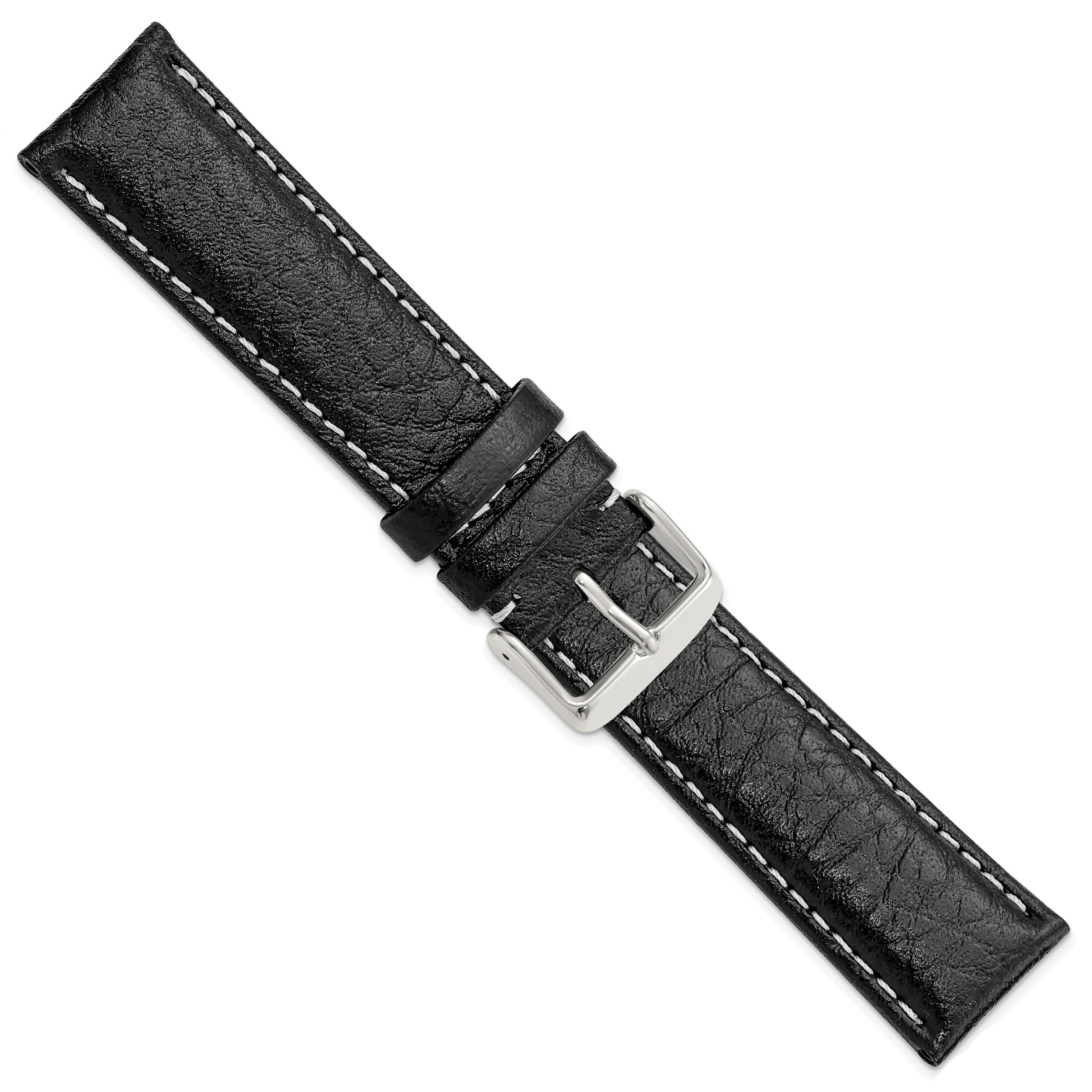 12mm Black Sport Leather with White Stitching and Silver-tone Buckle 6.75 inch Watch Band