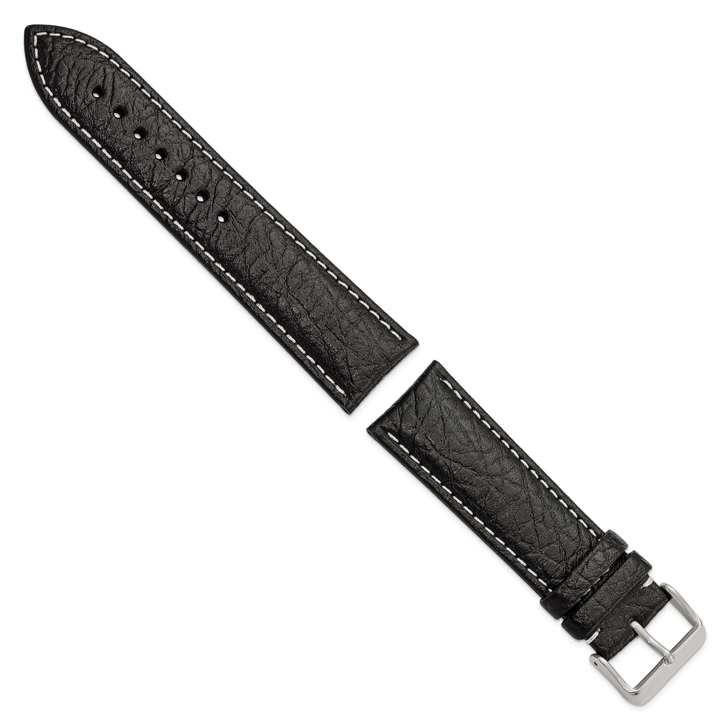 12mm Black Sport Leather with White Stitching and Silver-tone Buckle 6.75 inch Watch Band