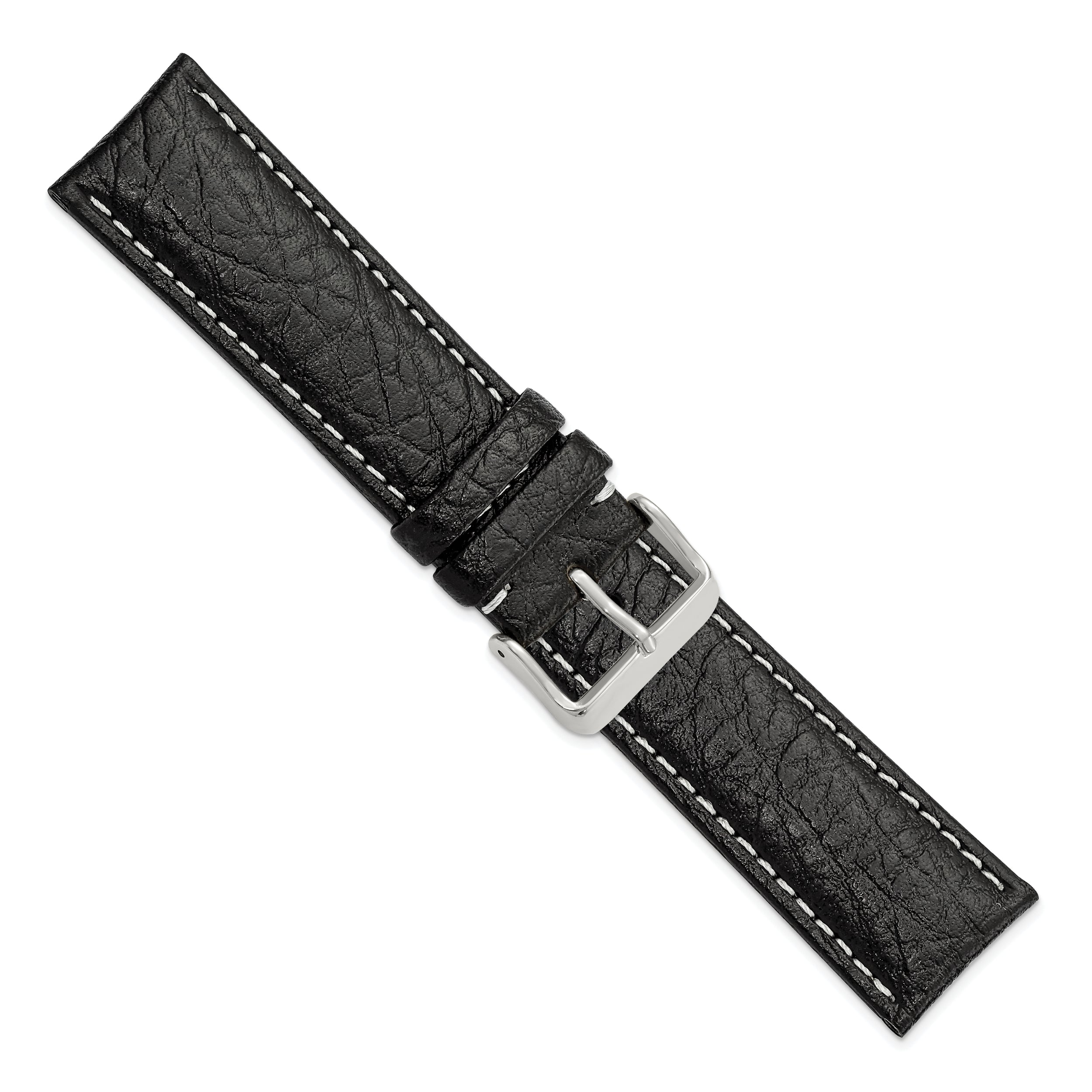 12mm Black Sport Leather with White Stitching and Silver-tone Buckle 6.75 inch Watch Band