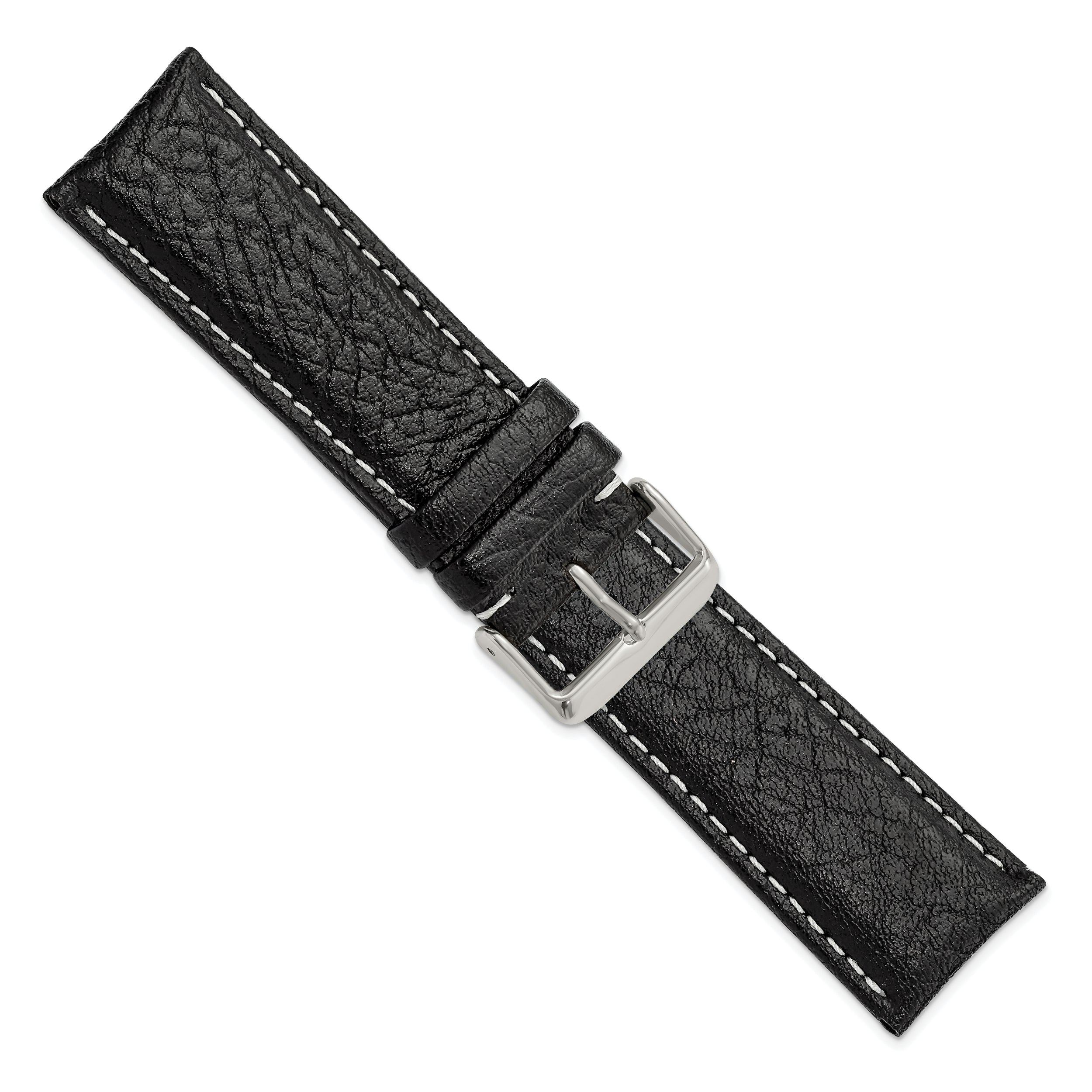 12mm Black Sport Leather with White Stitching and Silver-tone Buckle 6.75 inch Watch Band