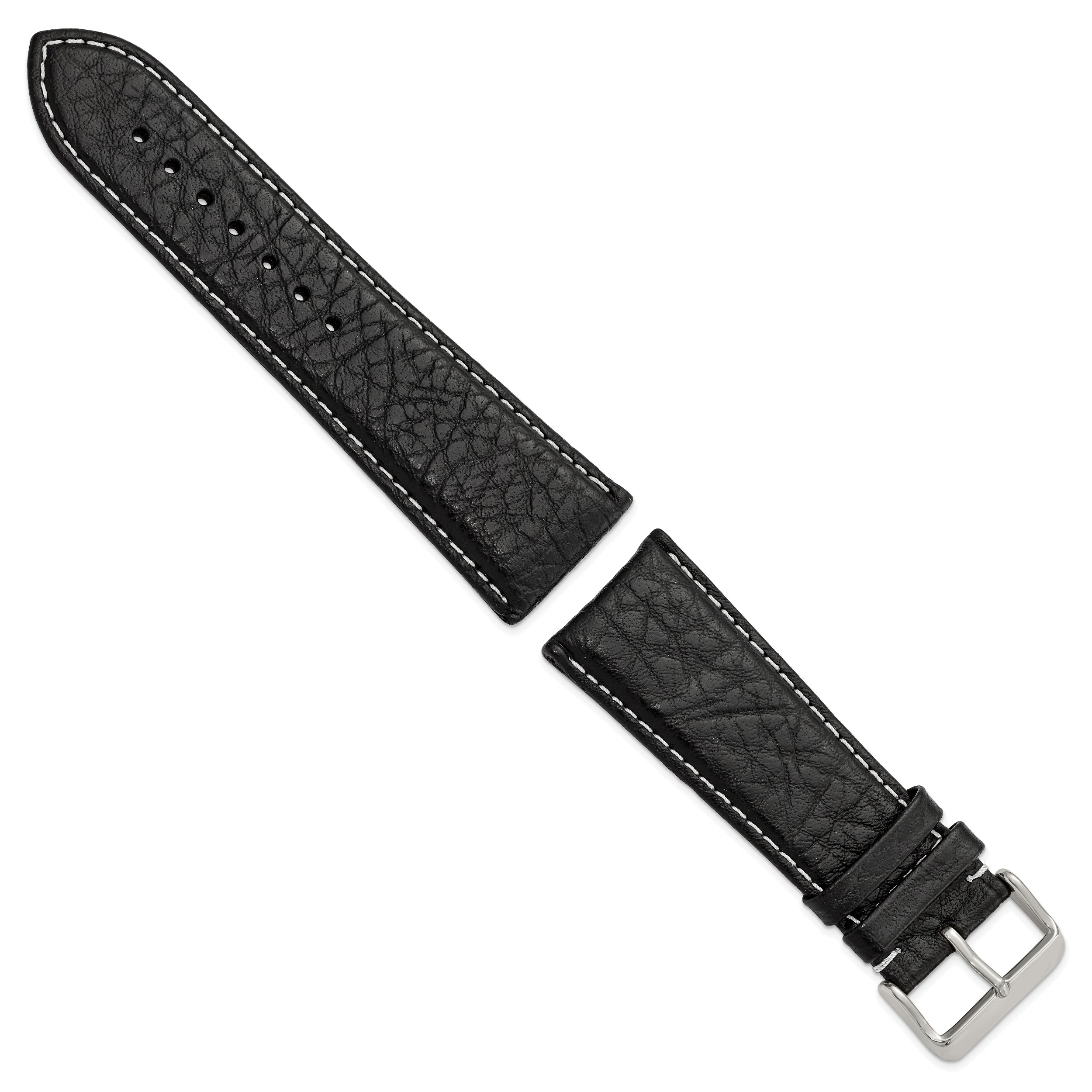 12mm Black Sport Leather with White Stitching and Silver-tone Buckle 6.75 inch Watch Band