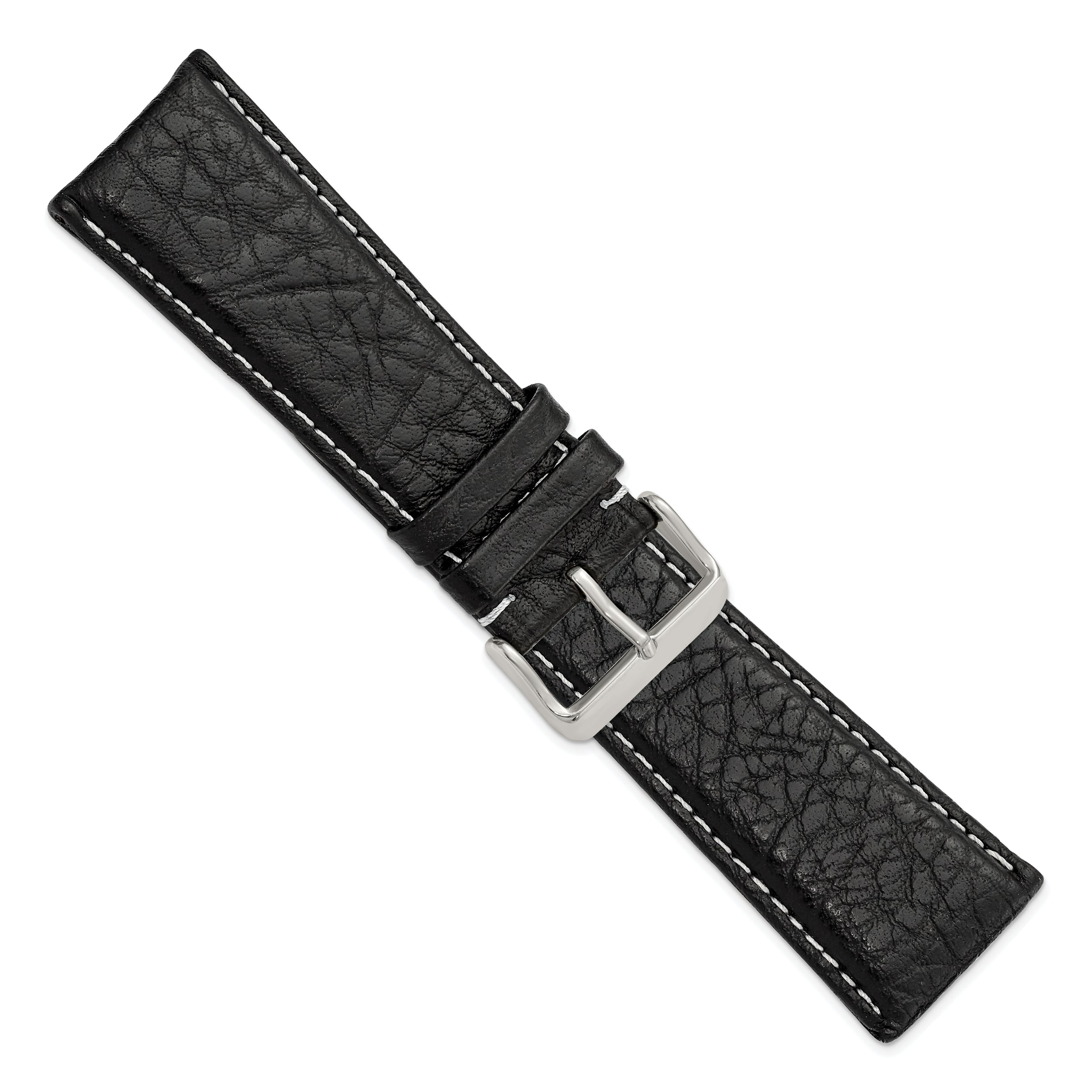 12mm Black Sport Leather with White Stitching and Silver-tone Buckle 6.75 inch Watch Band