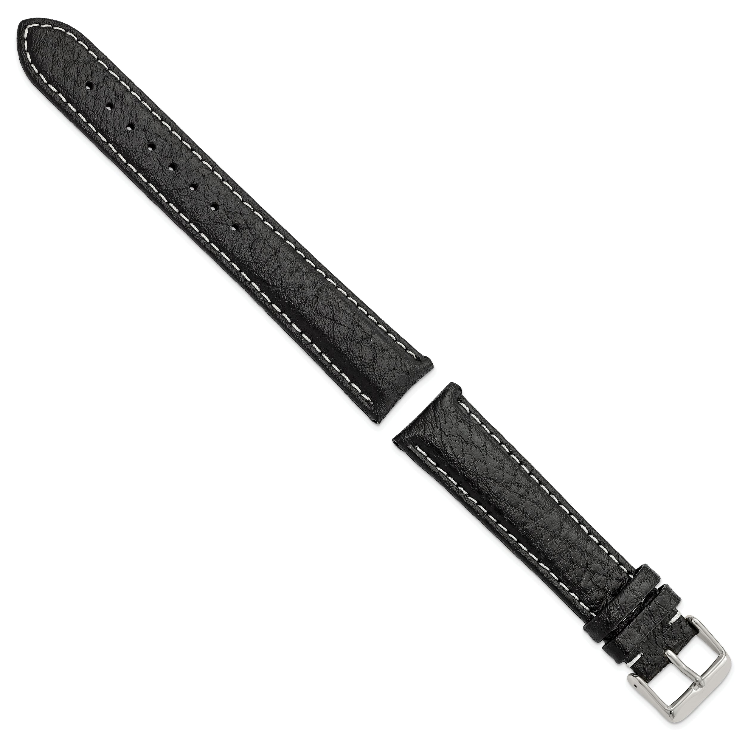 16mm Long Black Sport Leather with White Stitching and Silver-tone Buckle 8.5 inch Watch Band