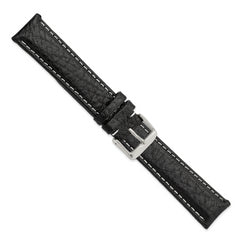 16mm Long Black Sport Leather with White Stitching and Silver-tone Buckle 8.5 inch Watch Band