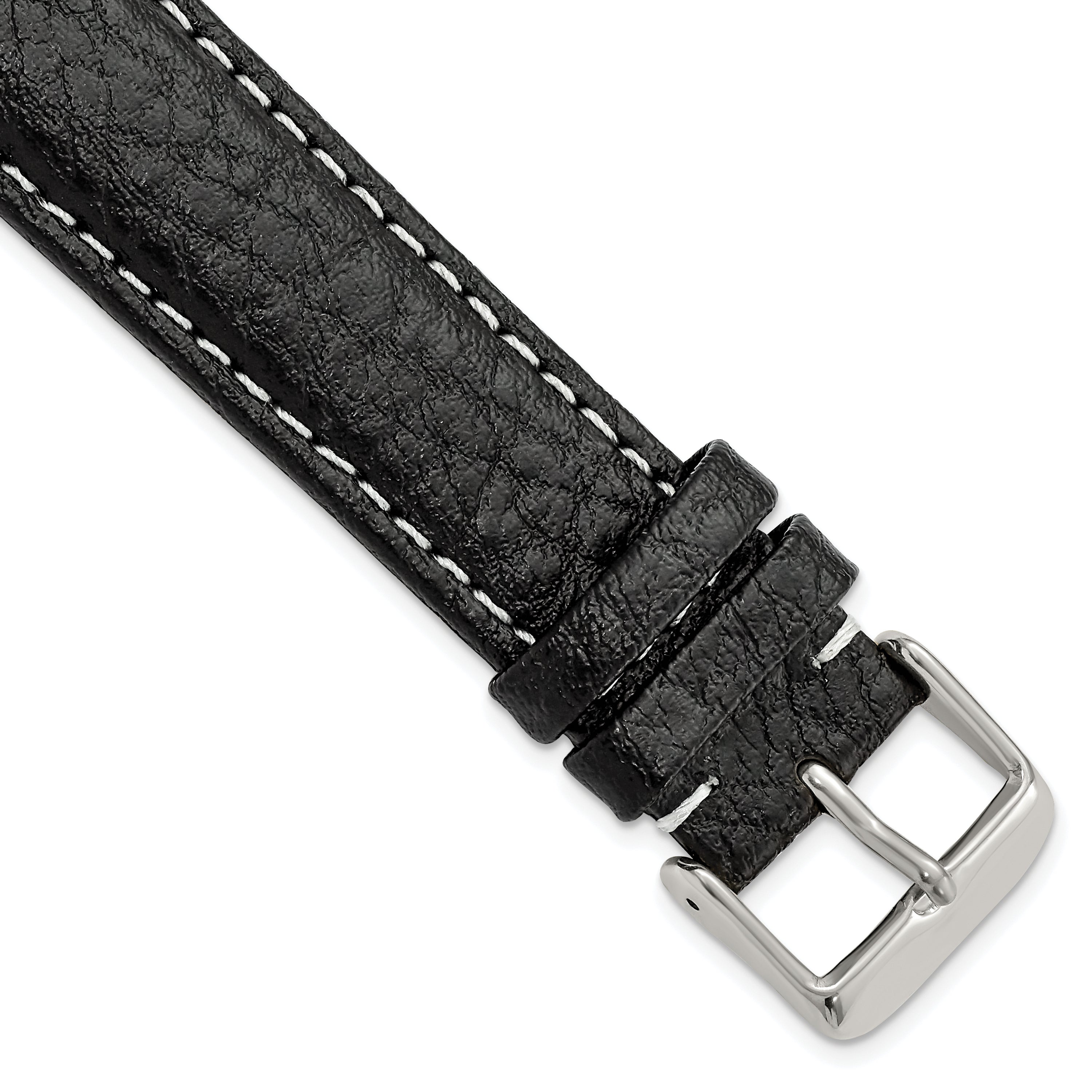 DeBeer 20mm Long Black Sport Leather with White Stitching and Silver-tone Buckle 8.5 inch Watch Band