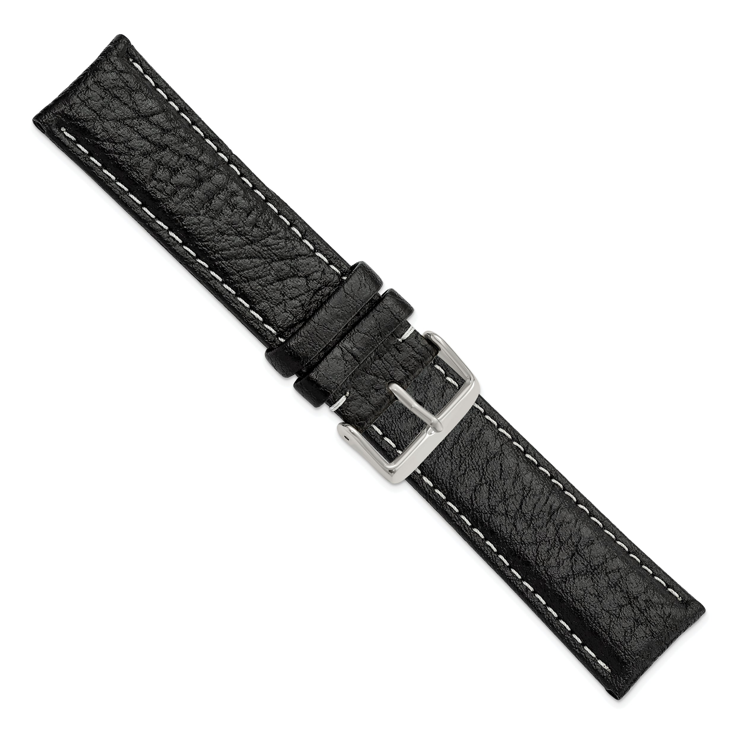 16mm Long Black Sport Leather with White Stitching and Silver-tone Buckle 8.5 inch Watch Band