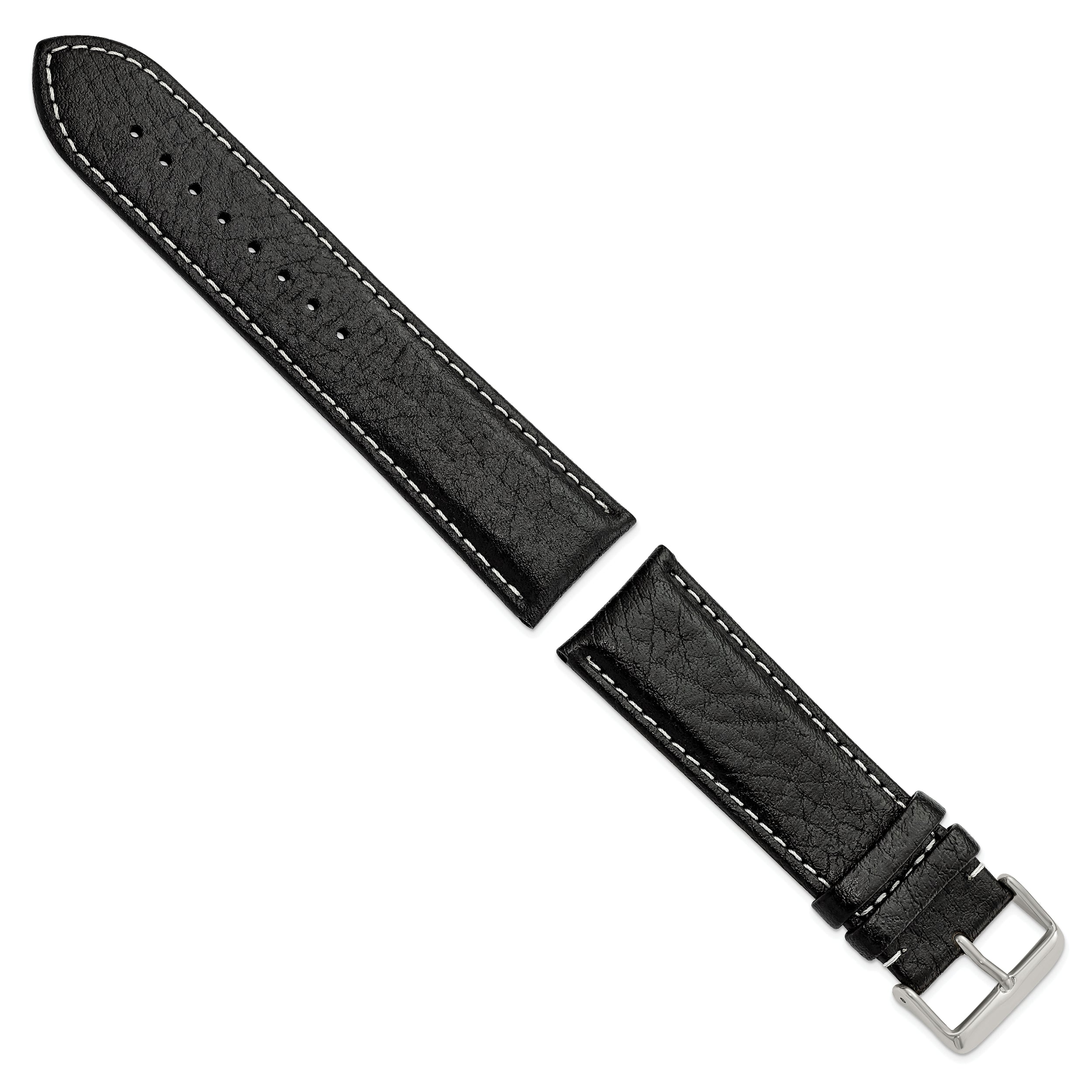 16mm Long Black Sport Leather with White Stitching and Silver-tone Buckle 8.5 inch Watch Band