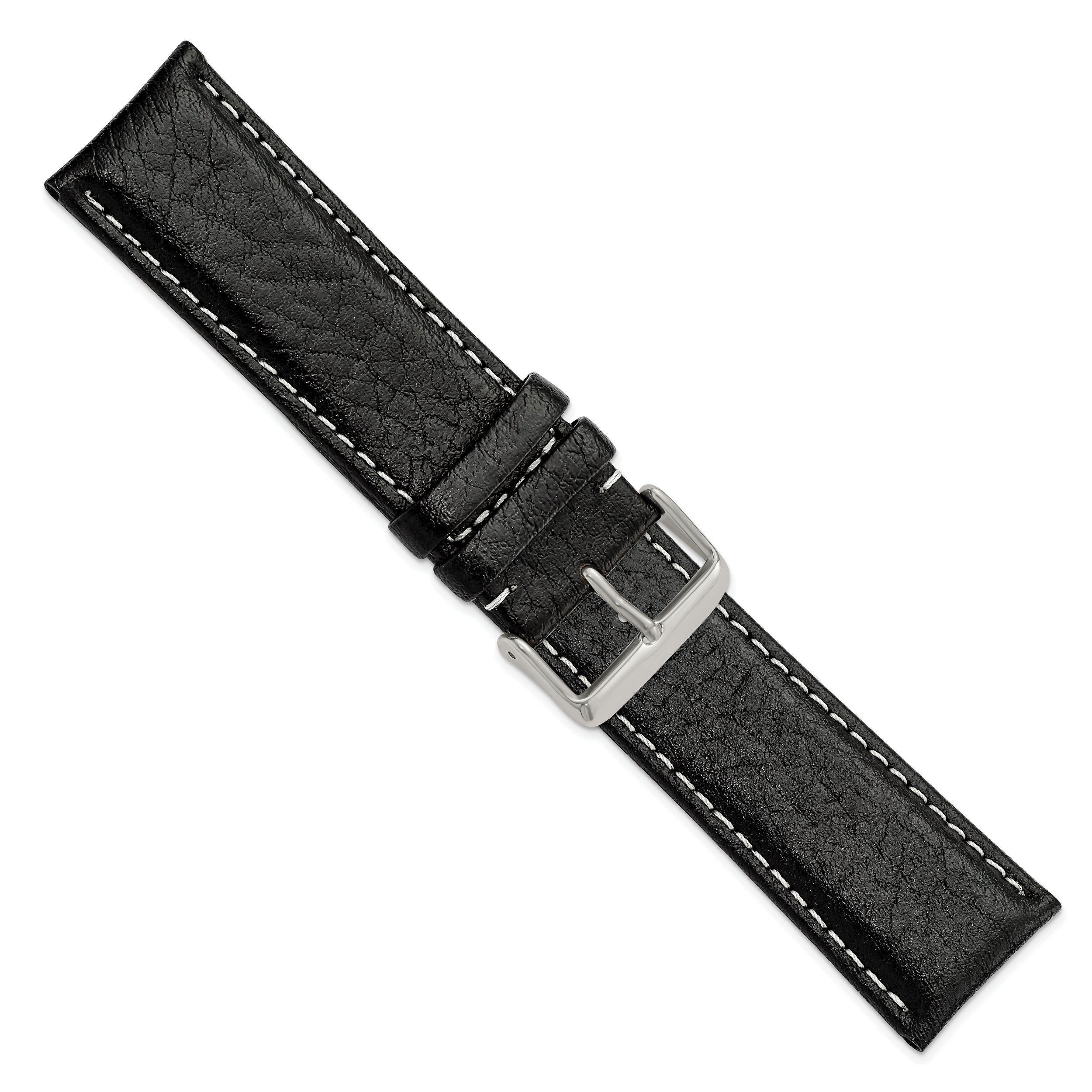 16mm Long Black Sport Leather with White Stitching and Silver-tone Buckle 8.5 inch Watch Band