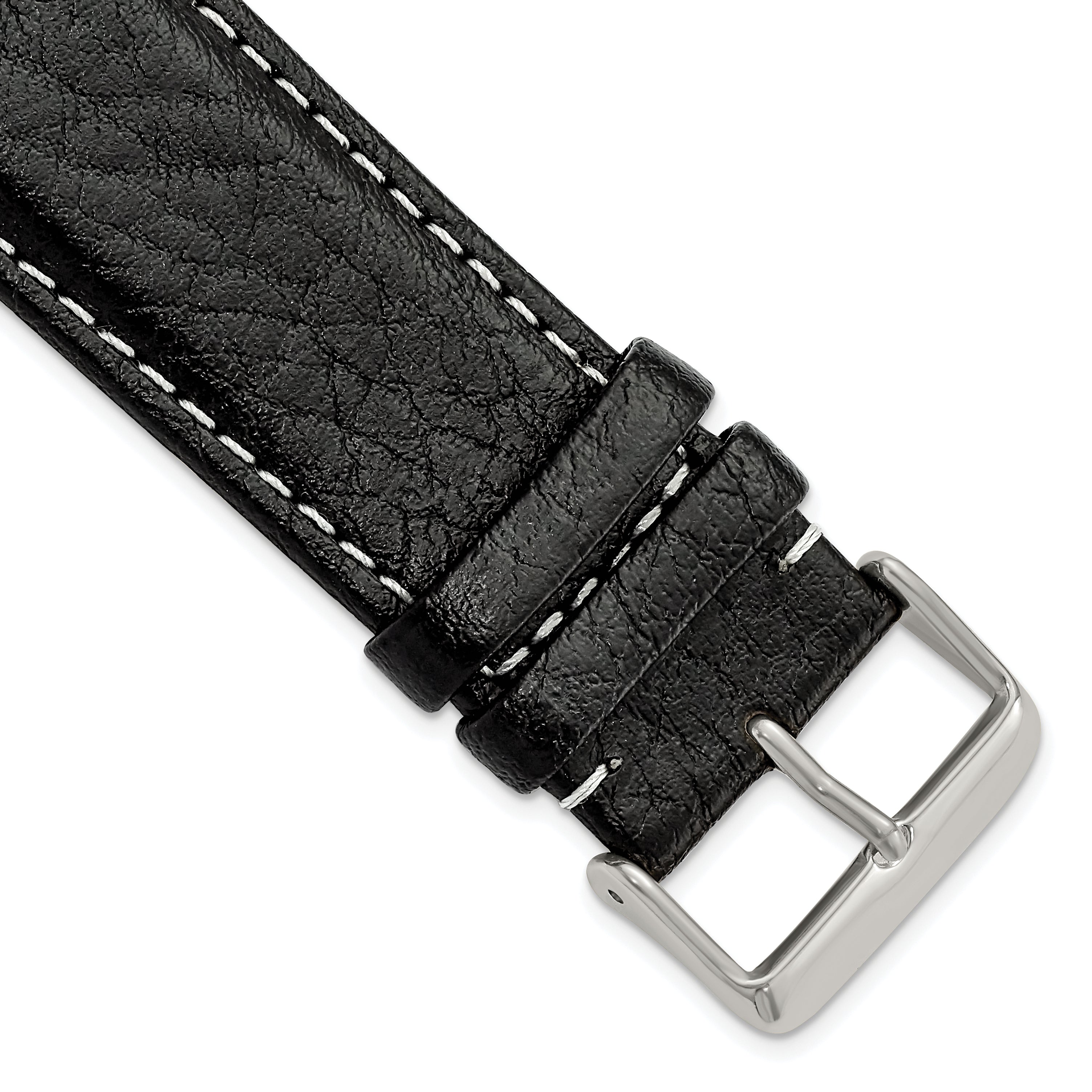 DeBeer 26mm Long Black Sport Leather with White Stitching and Silver-tone Buckle 8.5 inch Watch Band