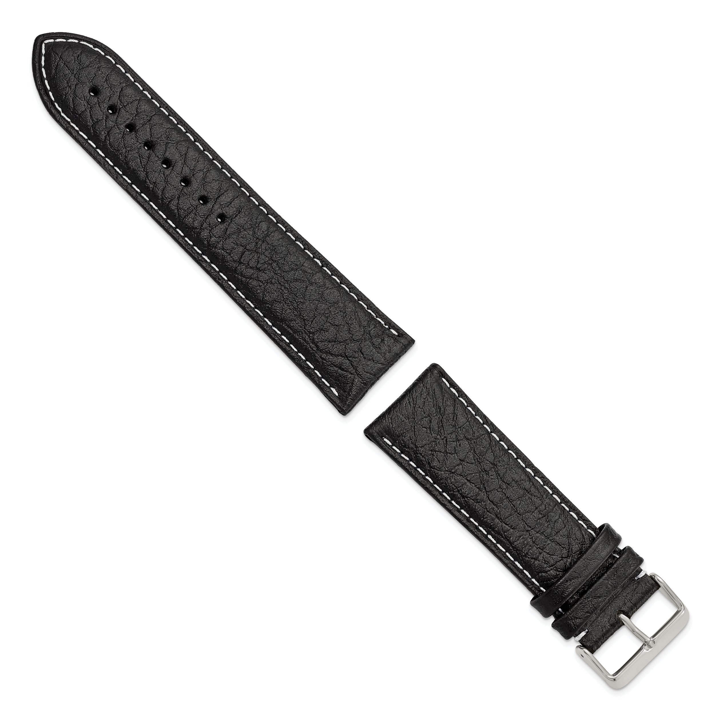 16mm Long Black Sport Leather with White Stitching and Silver-tone Buckle 8.5 inch Watch Band