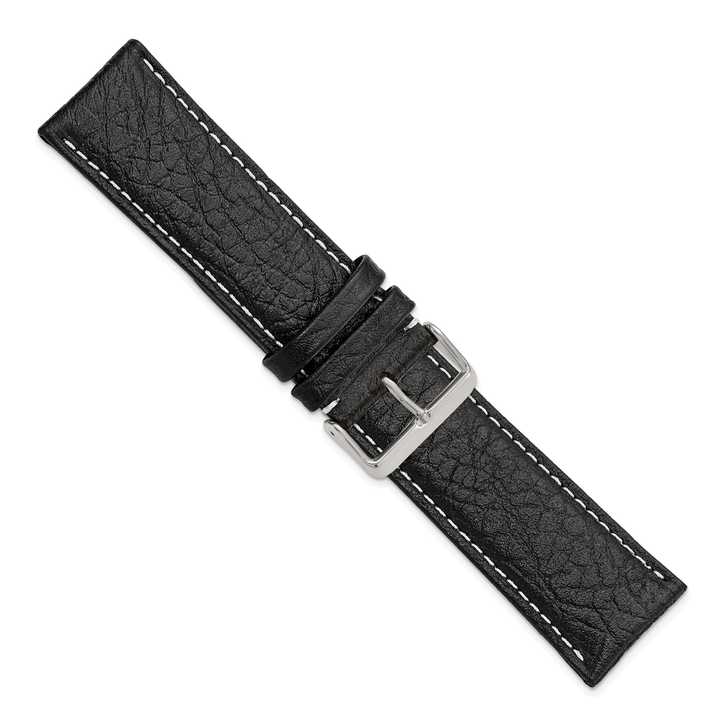 16mm Long Black Sport Leather with White Stitching and Silver-tone Buckle 8.5 inch Watch Band