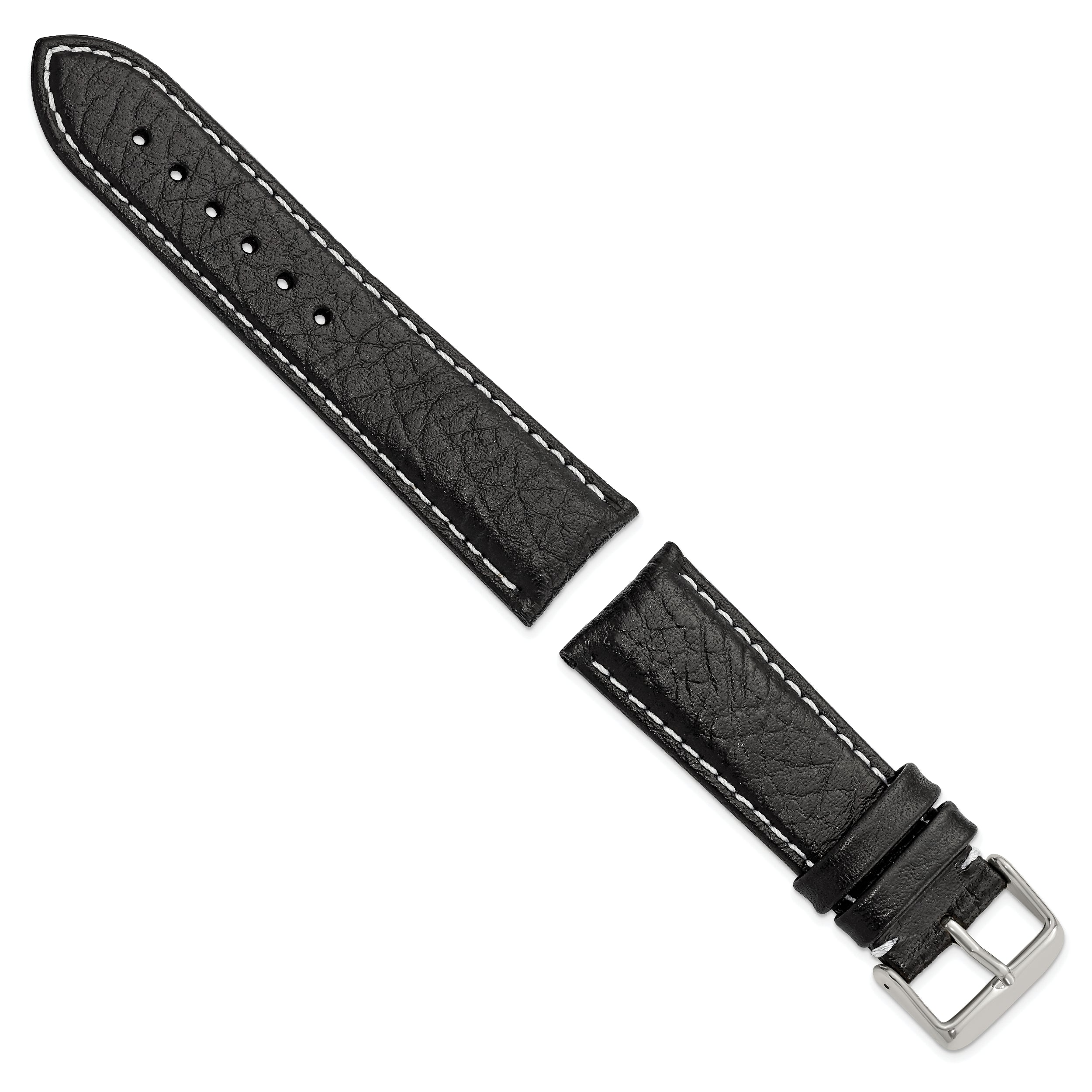 22mm Short Black Sport Leather with White Stitching and Silver-tone Buckle 6.75 inch Watch Band