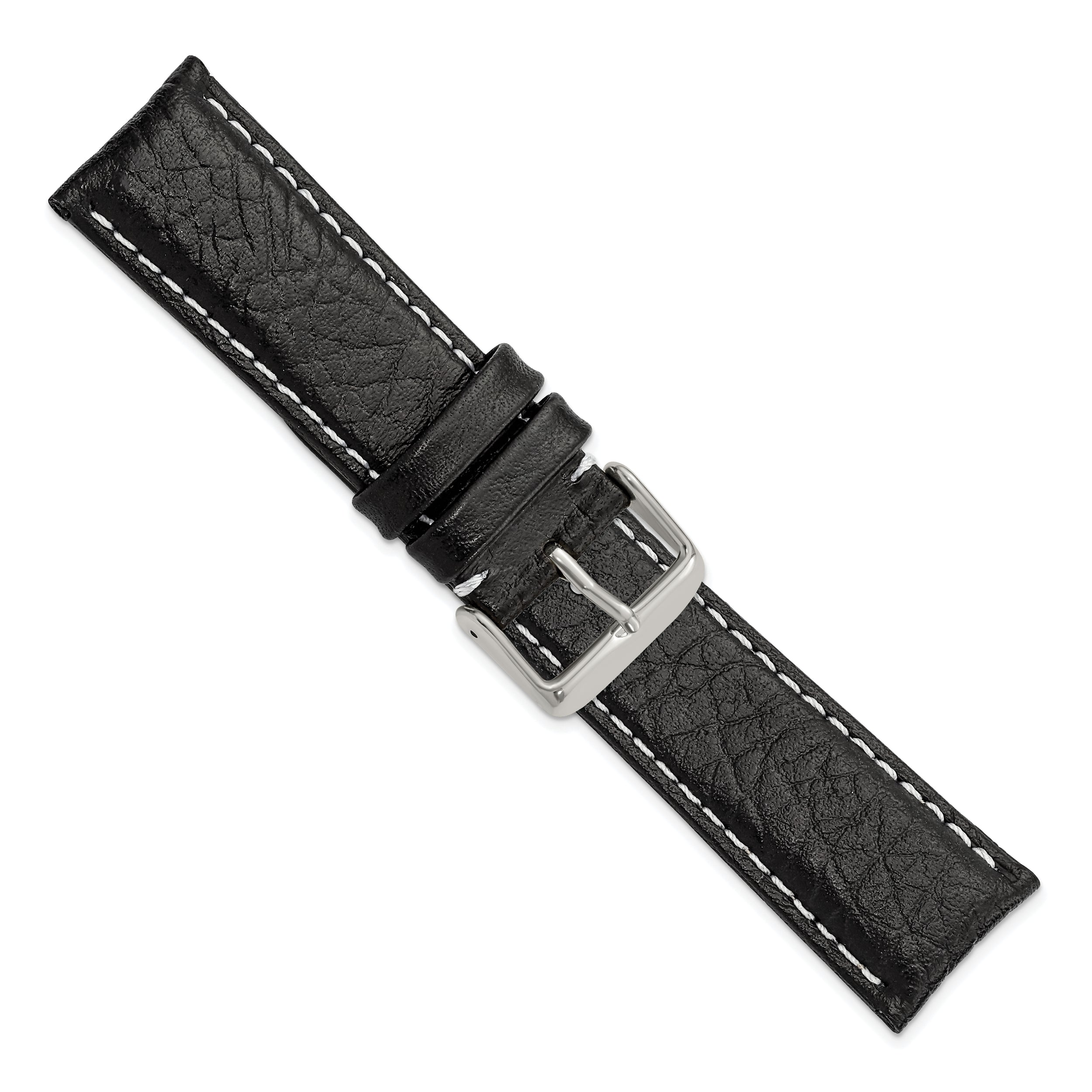 22mm Short Black Sport Leather with White Stitching and Silver-tone Buckle 6.75 inch Watch Band