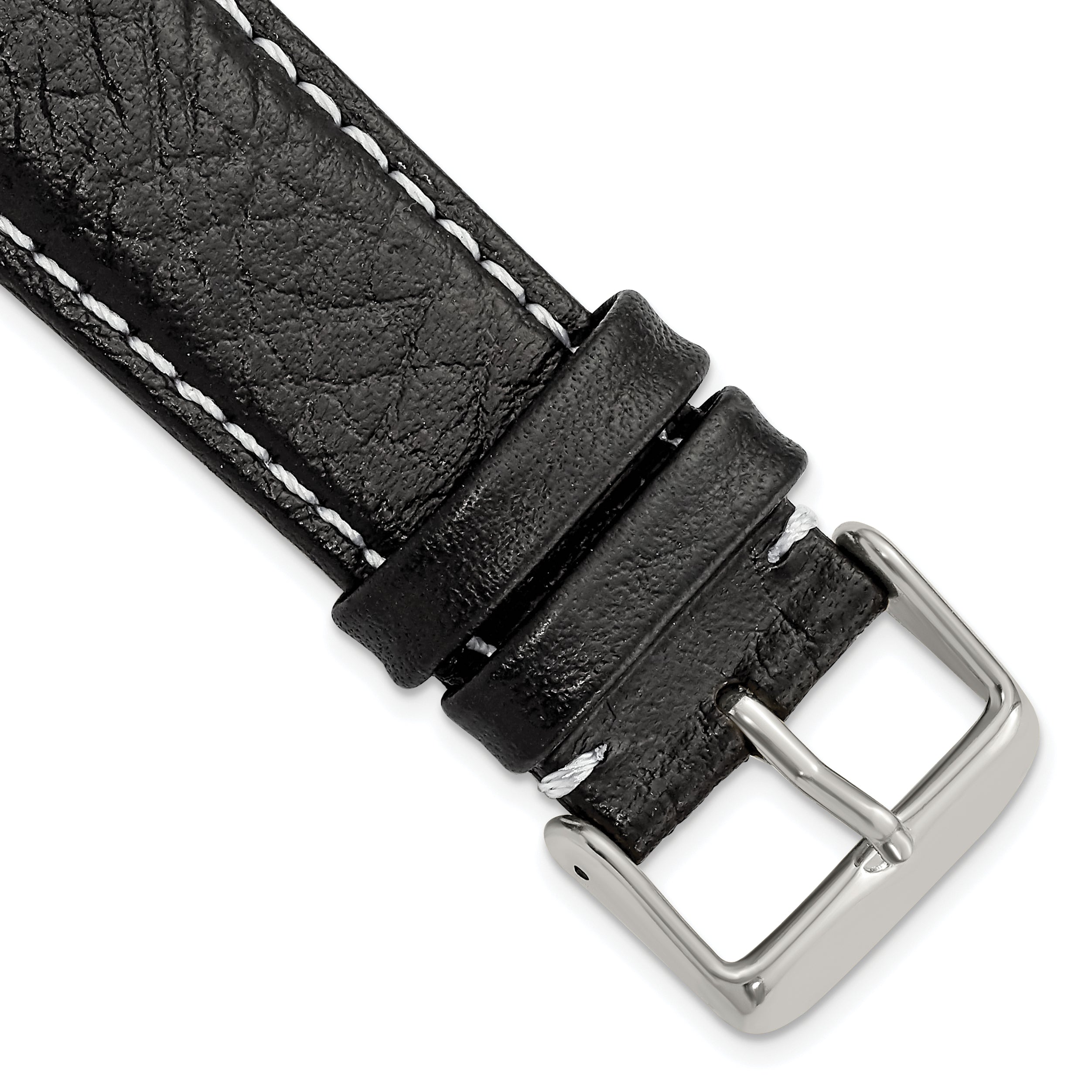 DeBeer 24mm Short Black Sport Leather with White Stitching and Silver-tone Buckle 6.75 inch Watch Band