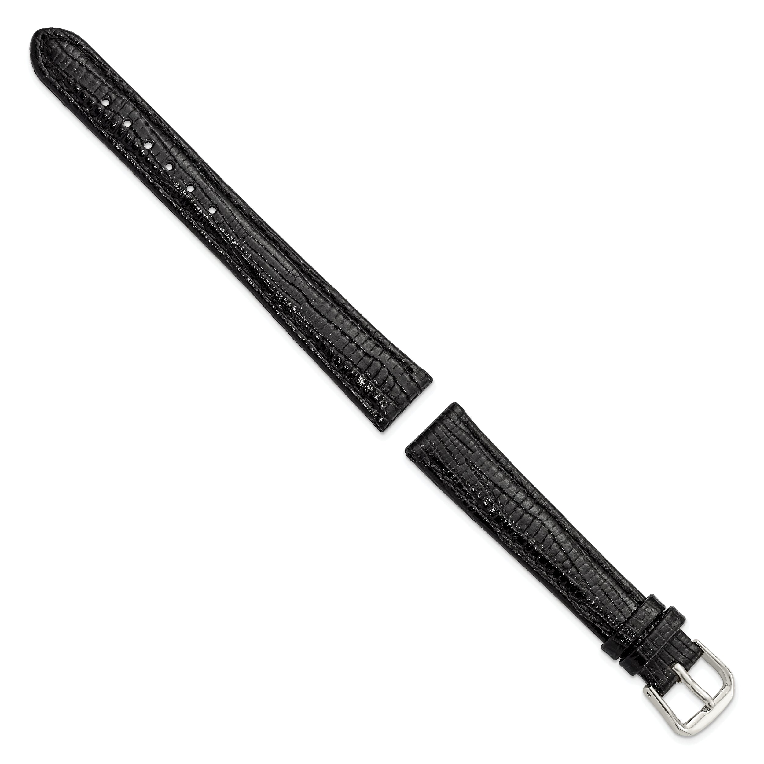 12mm Black Snake Grain Leather with Silver-tone Buckle 6.75 inch Watch Band