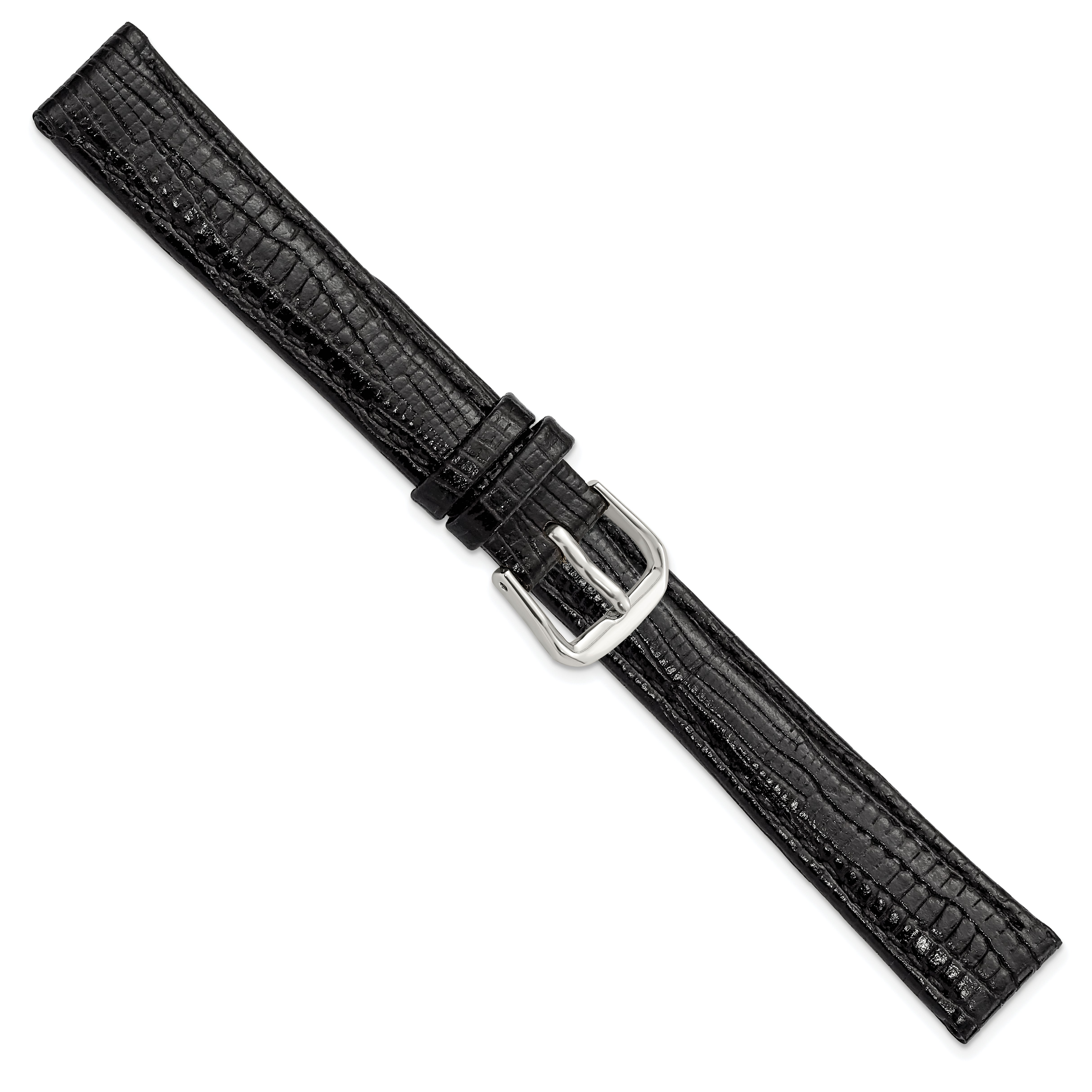 12mm Black Snake Grain Leather with Silver-tone Buckle 6.75 inch Watch Band