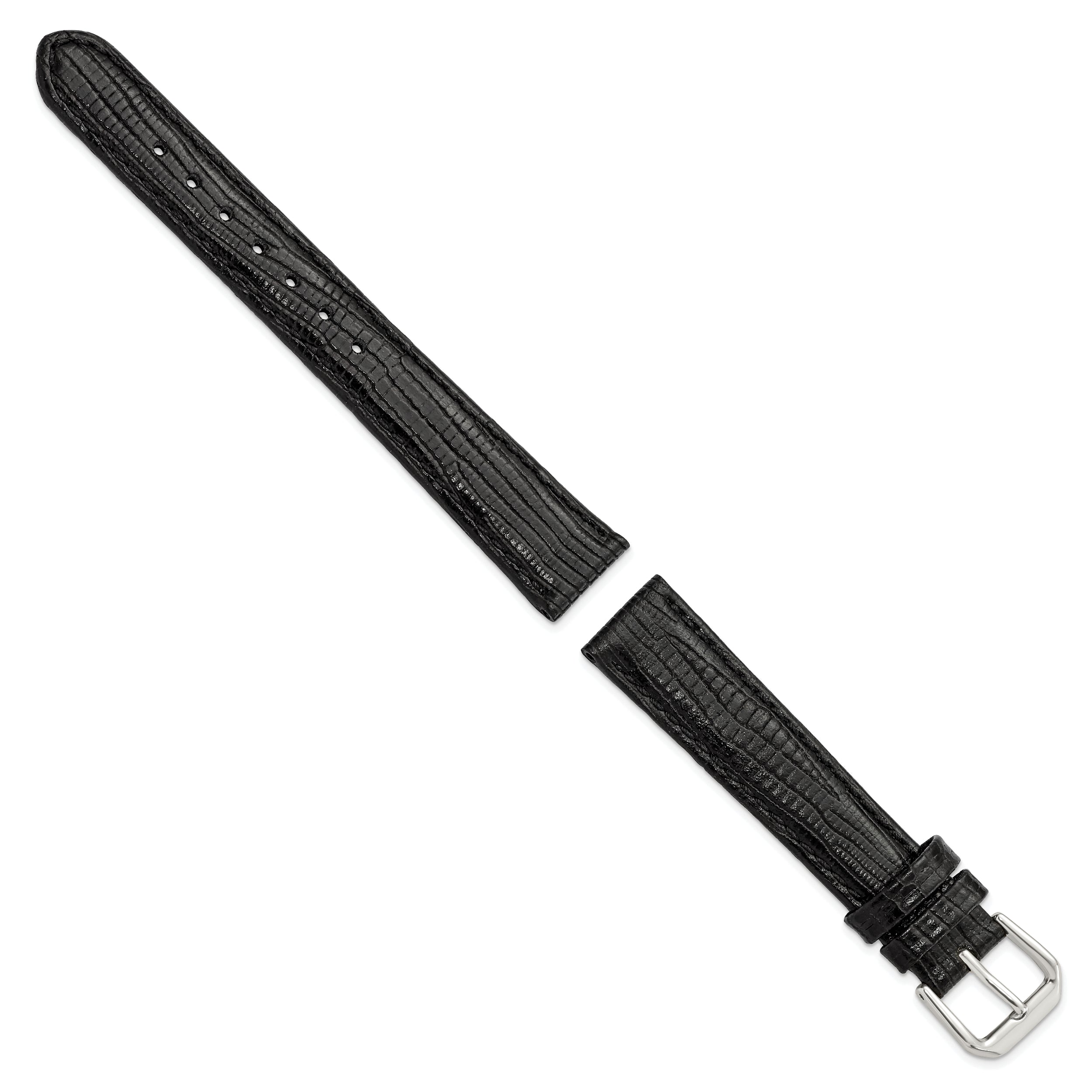 12mm Black Snake Grain Leather with Silver-tone Buckle 6.75 inch Watch Band