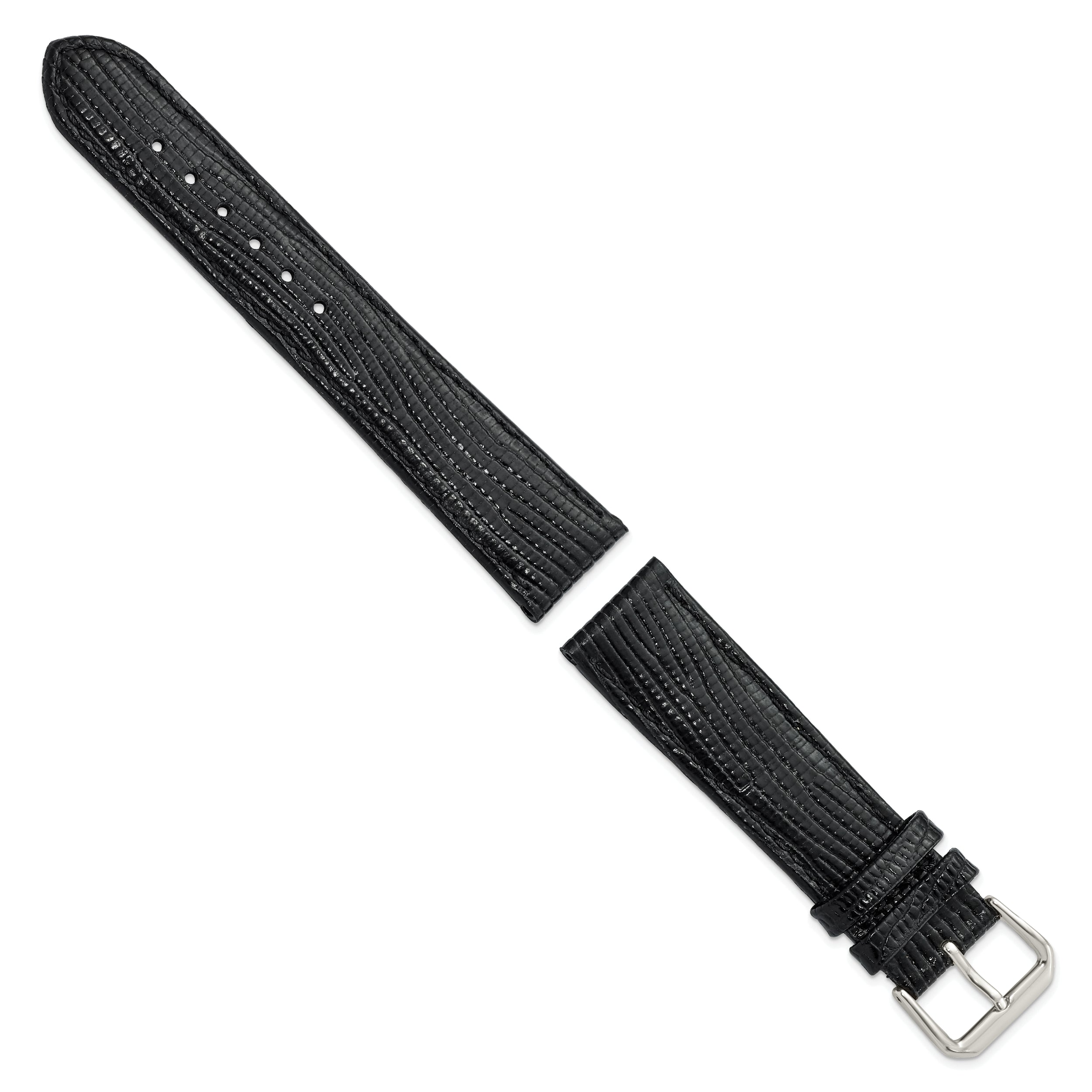 12mm Black Snake Grain Leather with Silver-tone Buckle 6.75 inch Watch Band