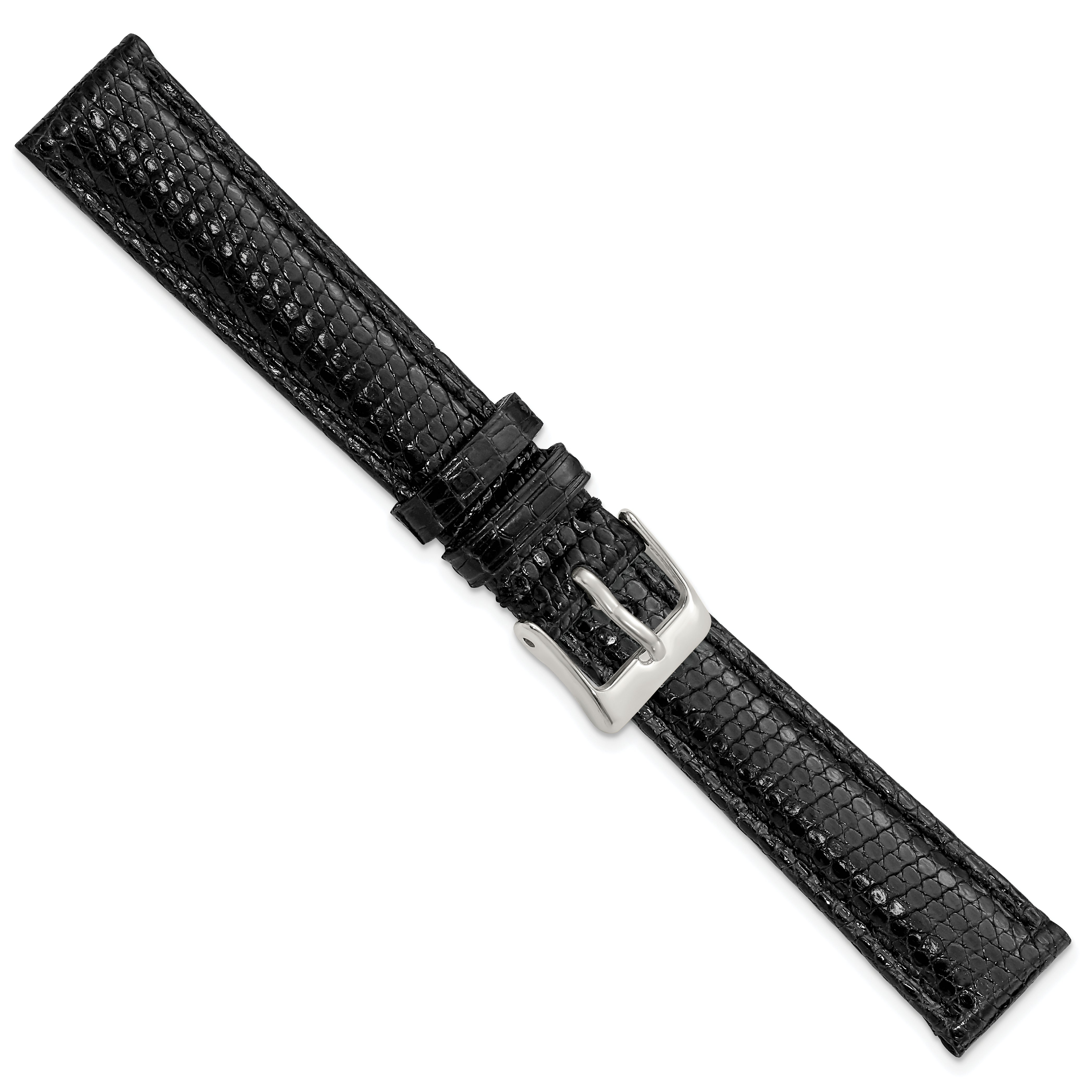 14mm Black Genuine Lizard Leather with Silver-tone Buckle 6.75 inch Watch Band