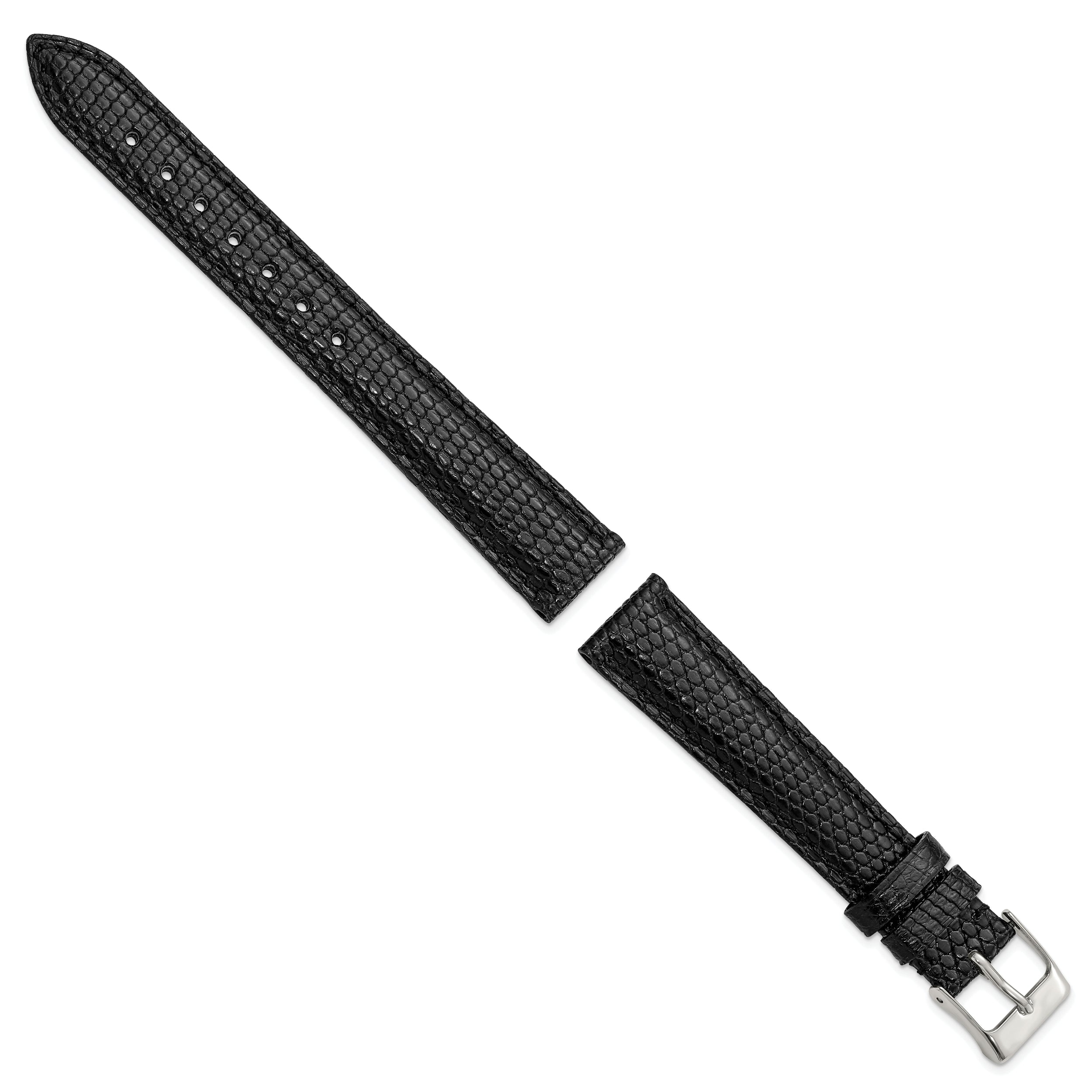 14mm Black Genuine Lizard Leather with Silver-tone Buckle 6.75 inch Watch Band