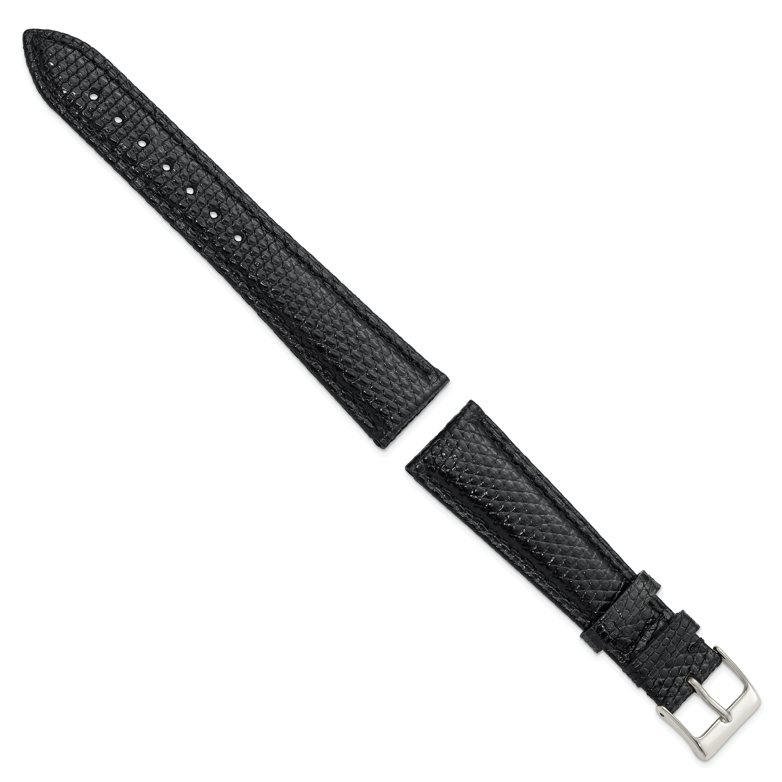 14mm Black Genuine Lizard Leather with Silver-tone Buckle 6.75 inch Watch Band