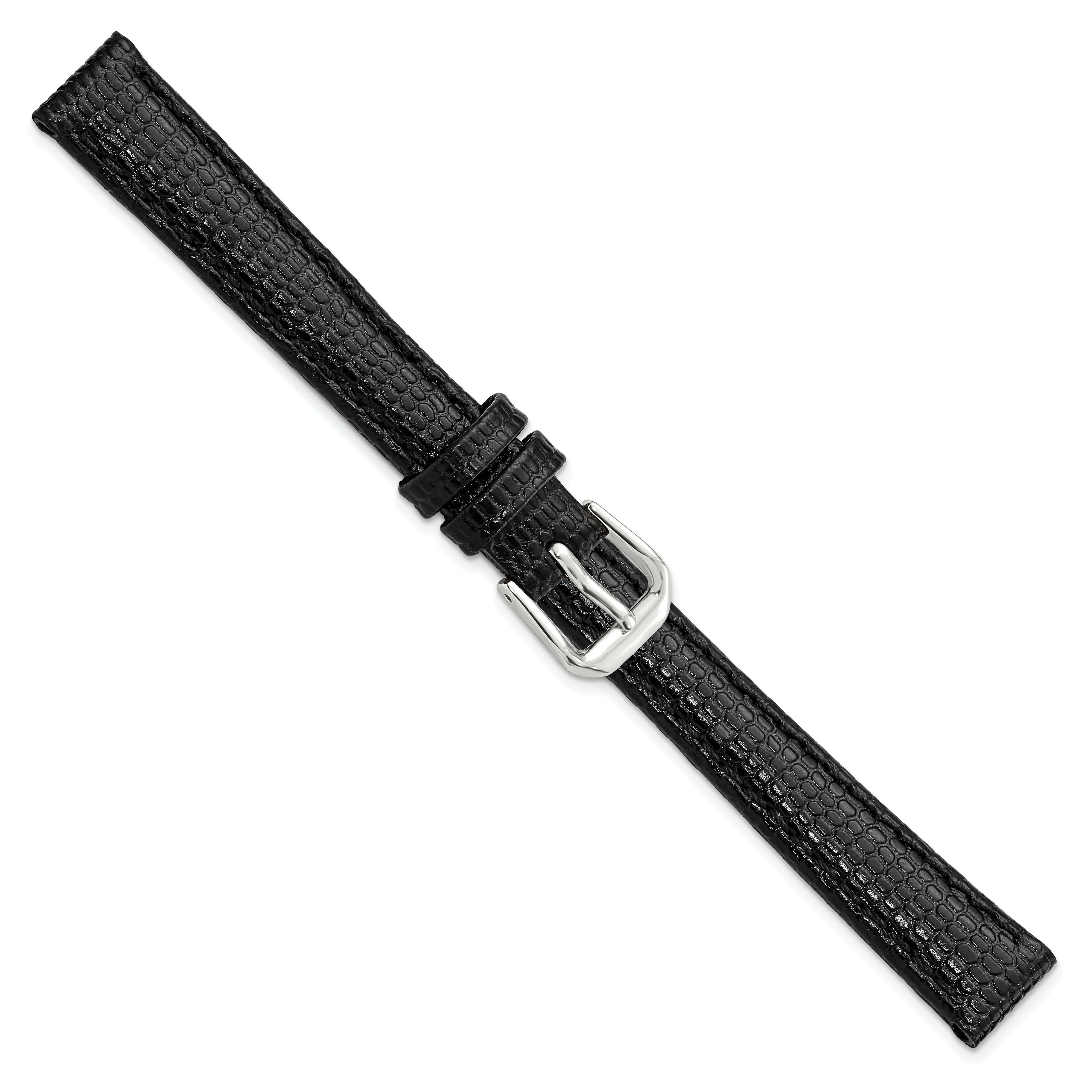 12mm Black Lizard Grain Leather with Silver-tone Buckle 6.75 inch Watch Band