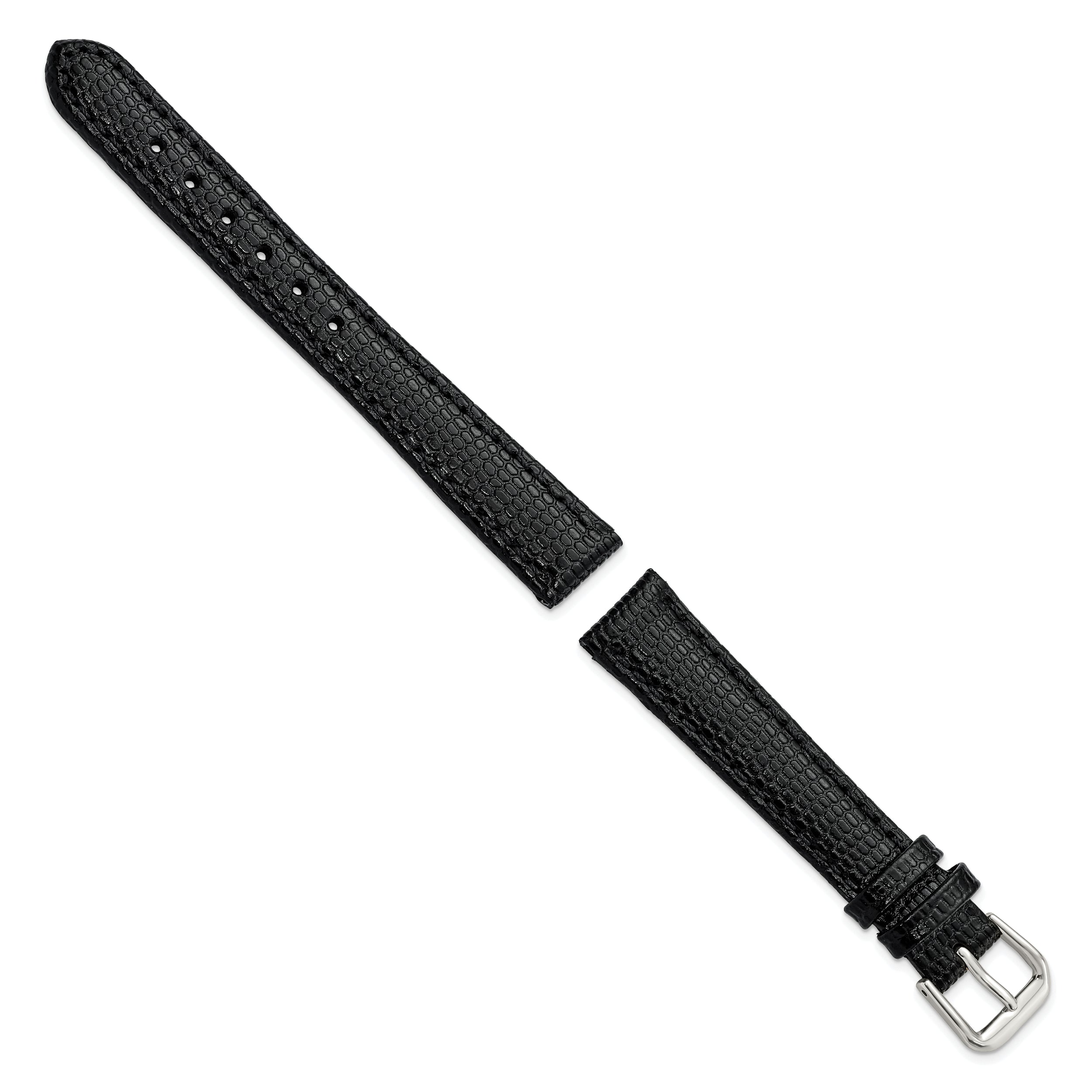 12mm Black Lizard Grain Leather with Silver-tone Buckle 6.75 inch Watch Band