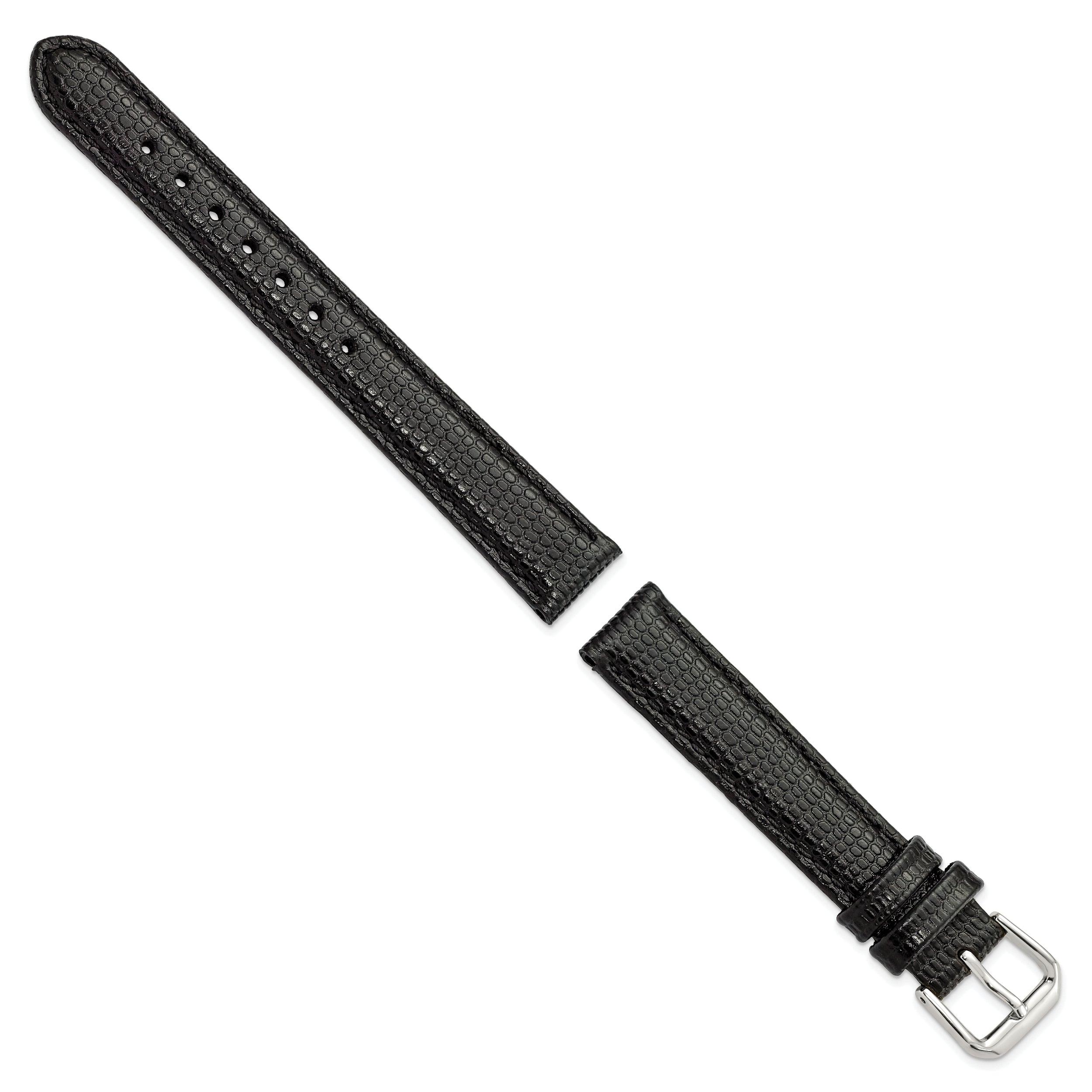 12mm Black Lizard Grain Leather with Silver-tone Buckle 6.75 inch Watch Band