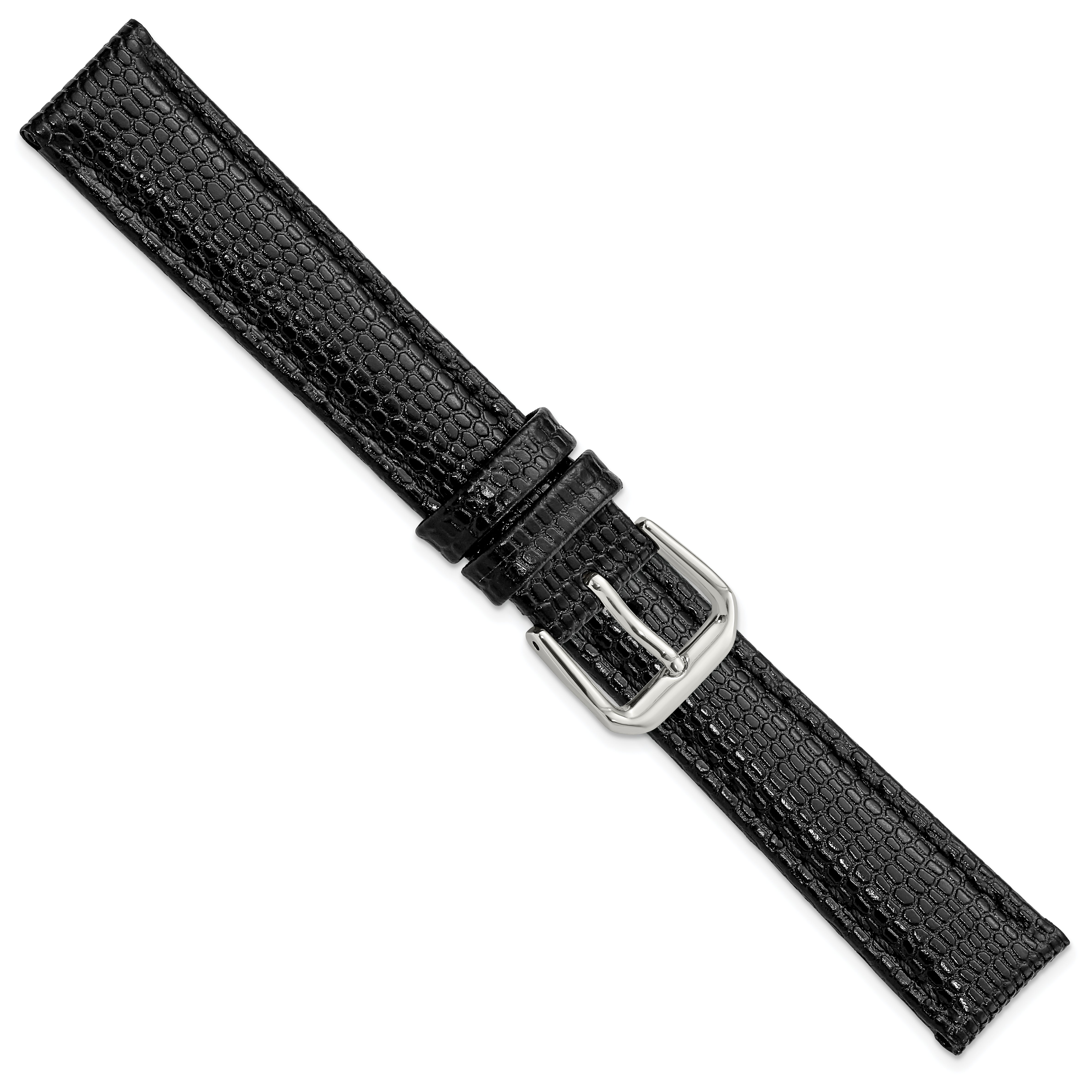 12mm Black Lizard Grain Leather with Silver-tone Buckle 6.75 inch Watch Band