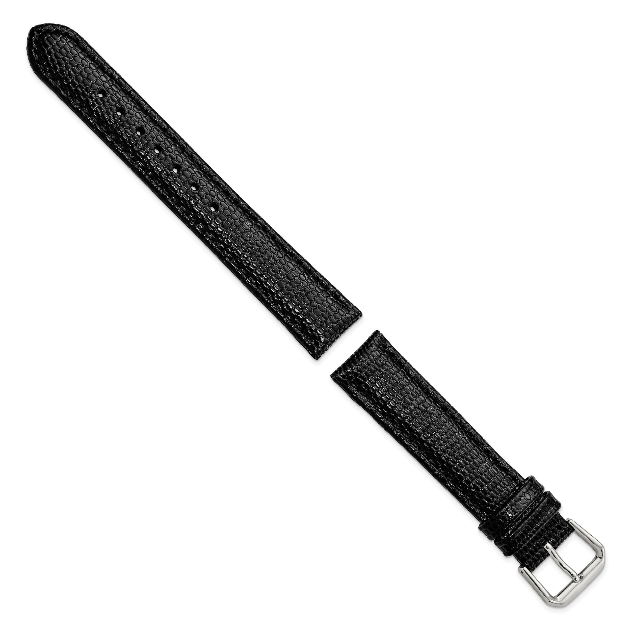 12mm Black Lizard Grain Leather with Silver-tone Buckle 6.75 inch Watch Band