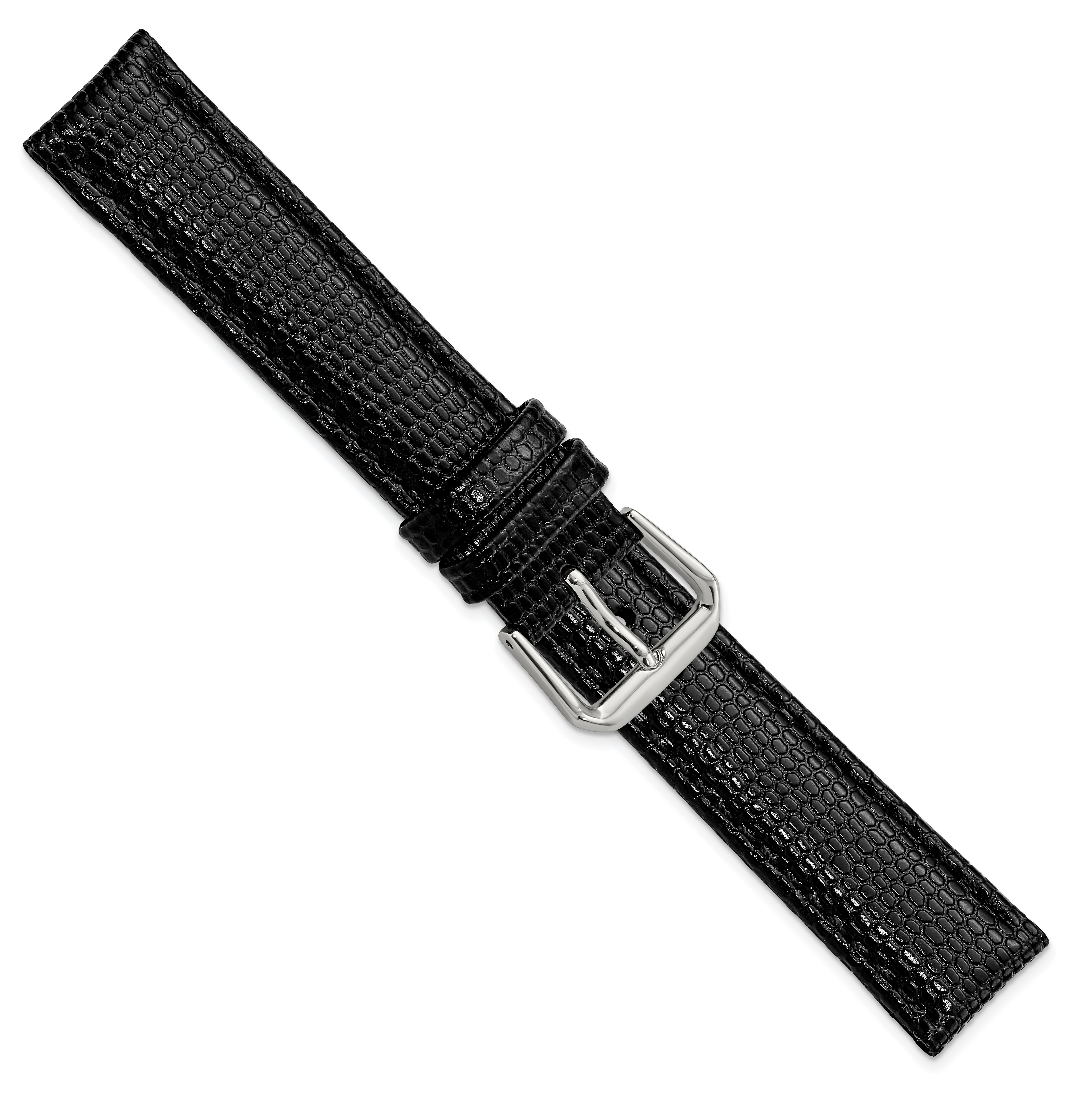 12mm Black Lizard Grain Leather with Silver-tone Buckle 6.75 inch Watch Band