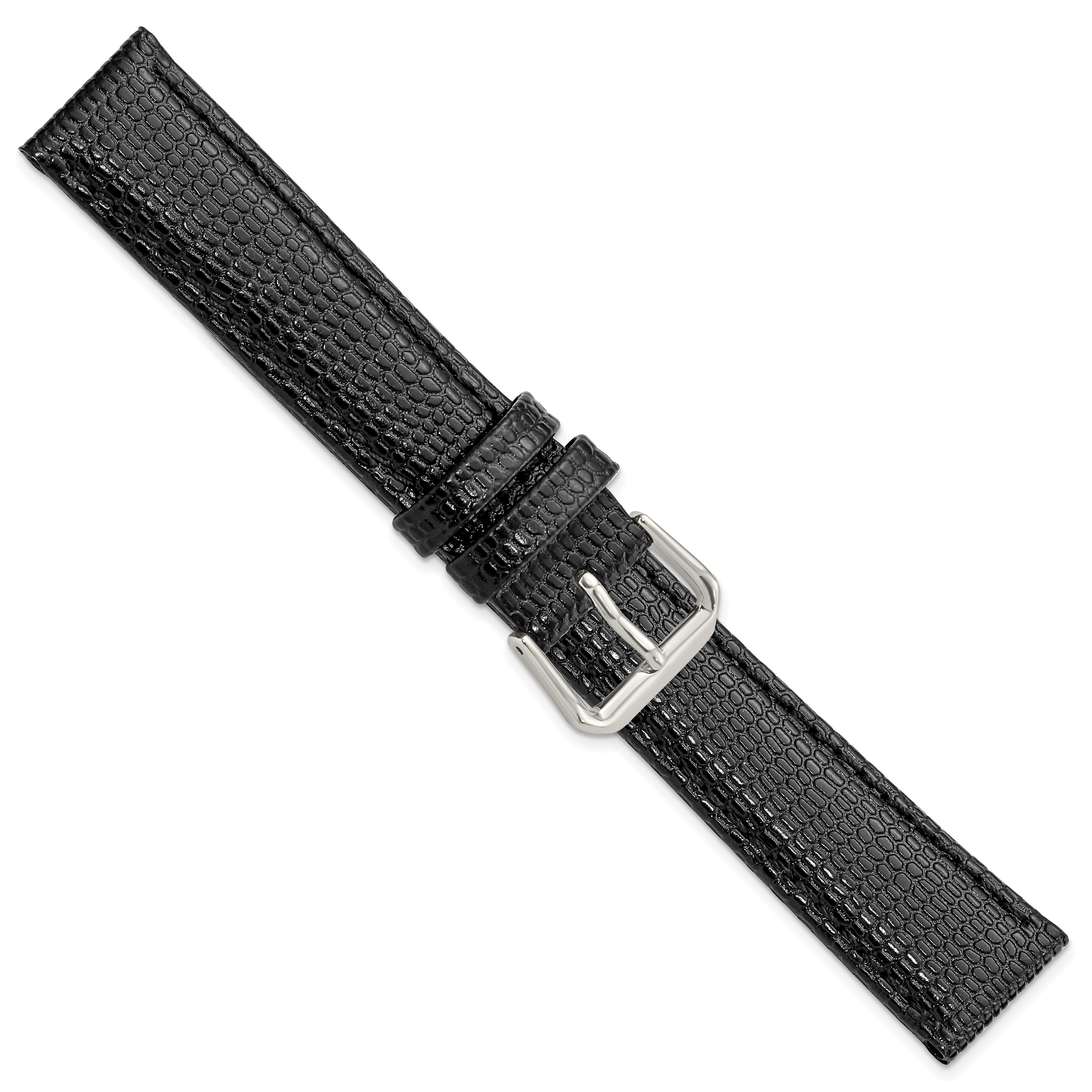 12mm Black Lizard Grain Leather with Silver-tone Buckle 6.75 inch Watch Band