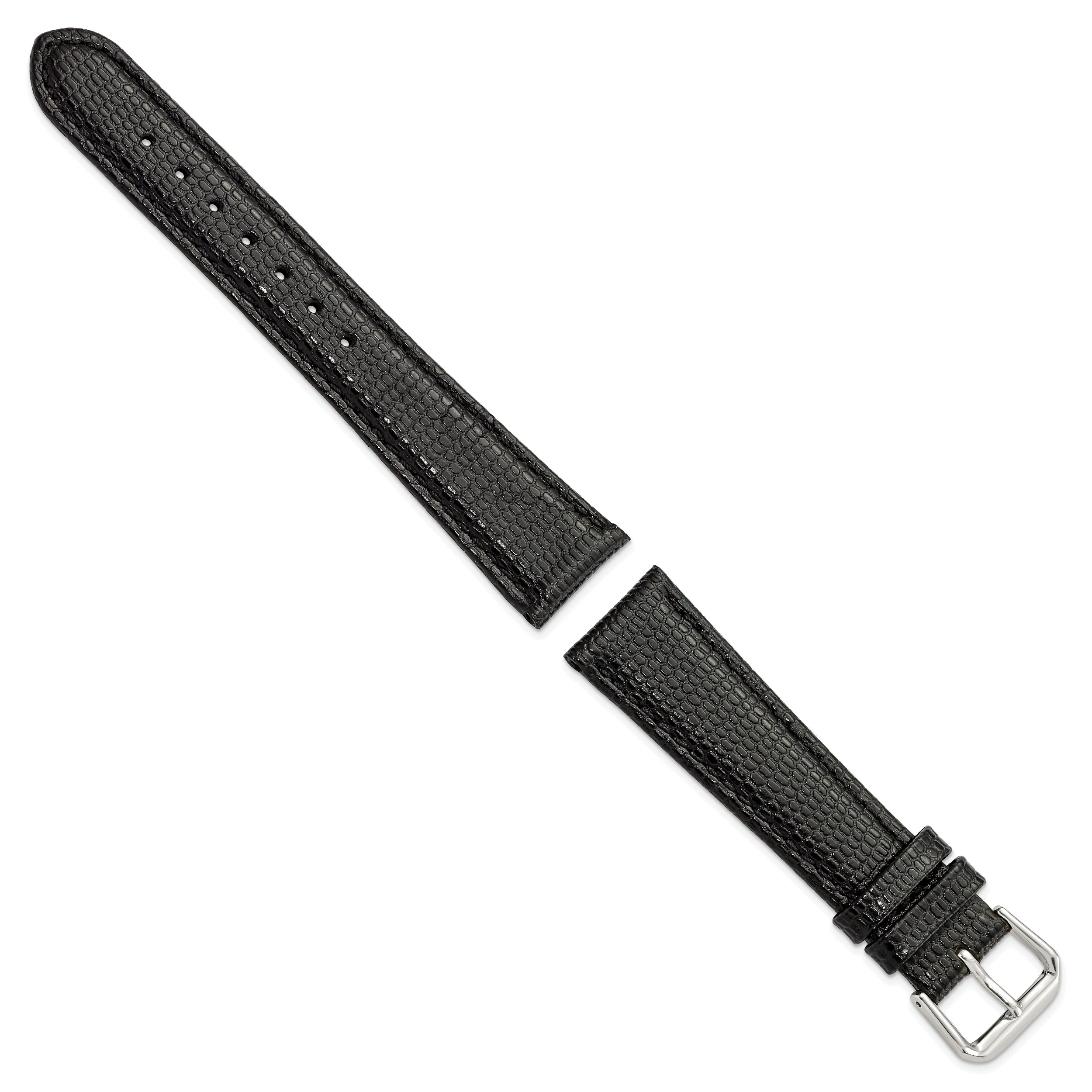 12mm Black Lizard Grain Leather with Silver-tone Buckle 6.75 inch Watch Band