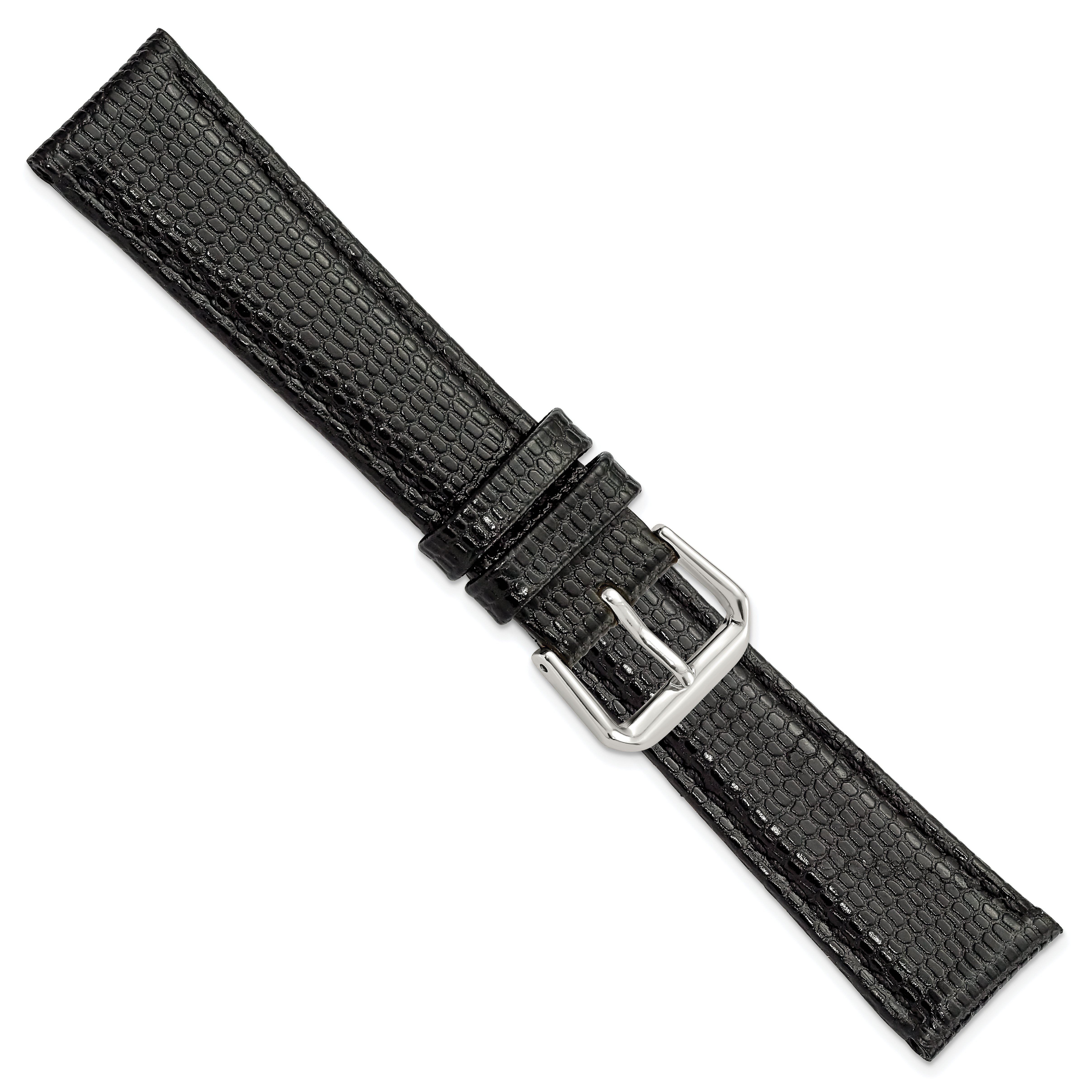 12mm Black Lizard Grain Leather with Silver-tone Buckle 6.75 inch Watch Band