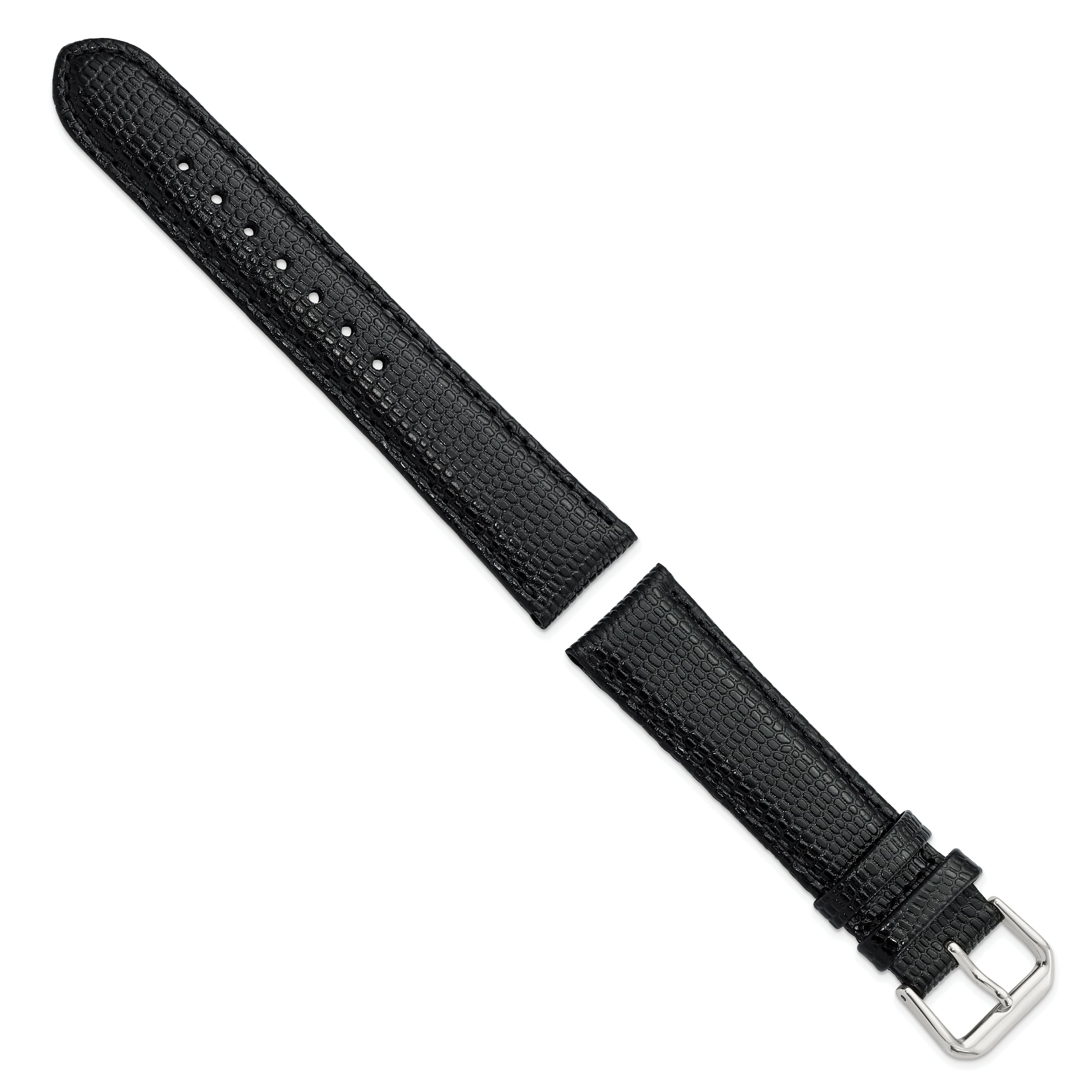 12mm Black Lizard Grain Leather with Silver-tone Buckle 6.75 inch Watch Band