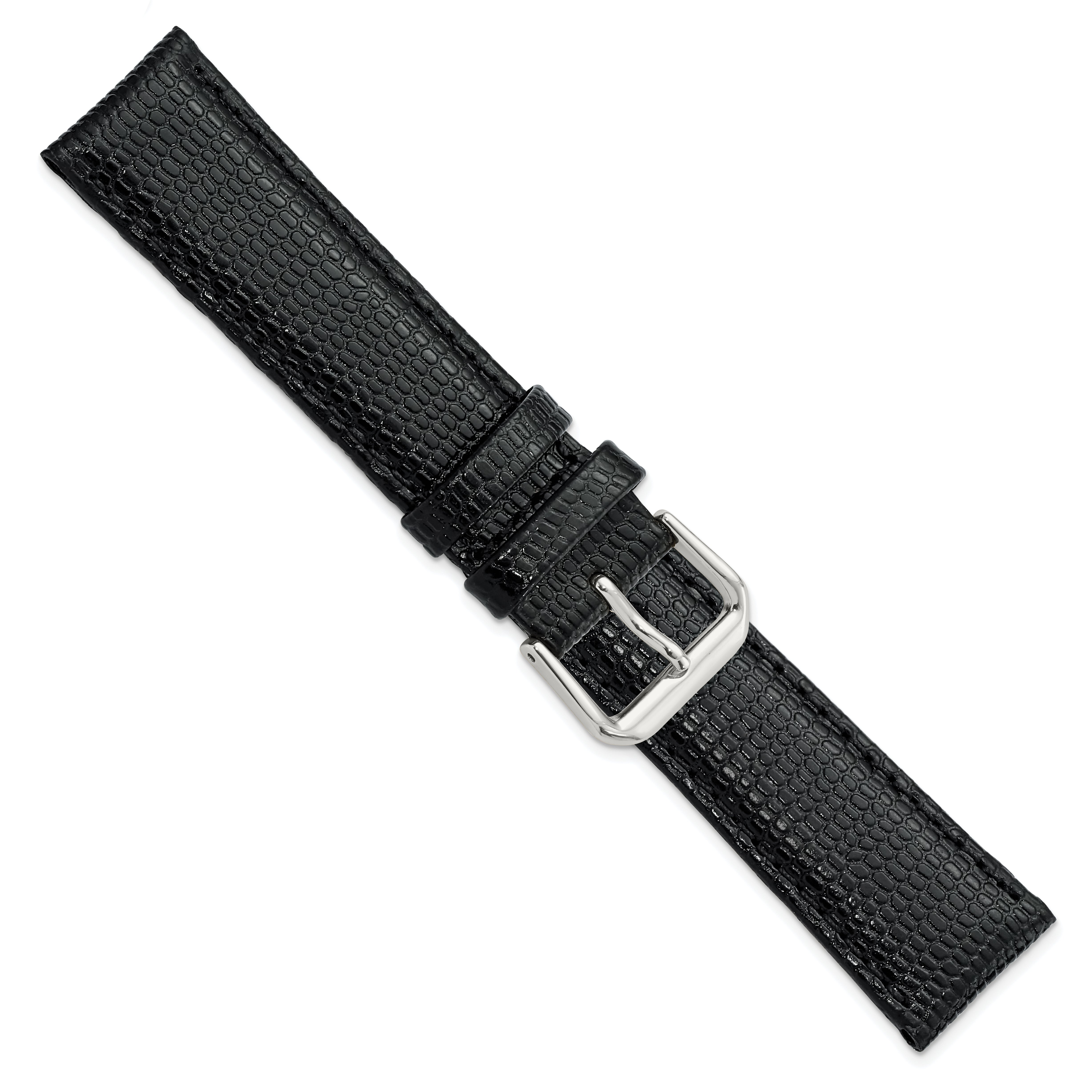 12mm Black Lizard Grain Leather with Silver-tone Buckle 6.75 inch Watch Band