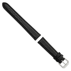 16mm Short Black Lizard Grain Leather with Silver-tone Buckle 6.75 inch Watch Band