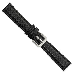 16mm Short Black Lizard Grain Leather with Silver-tone Buckle 6.75 inch Watch Band