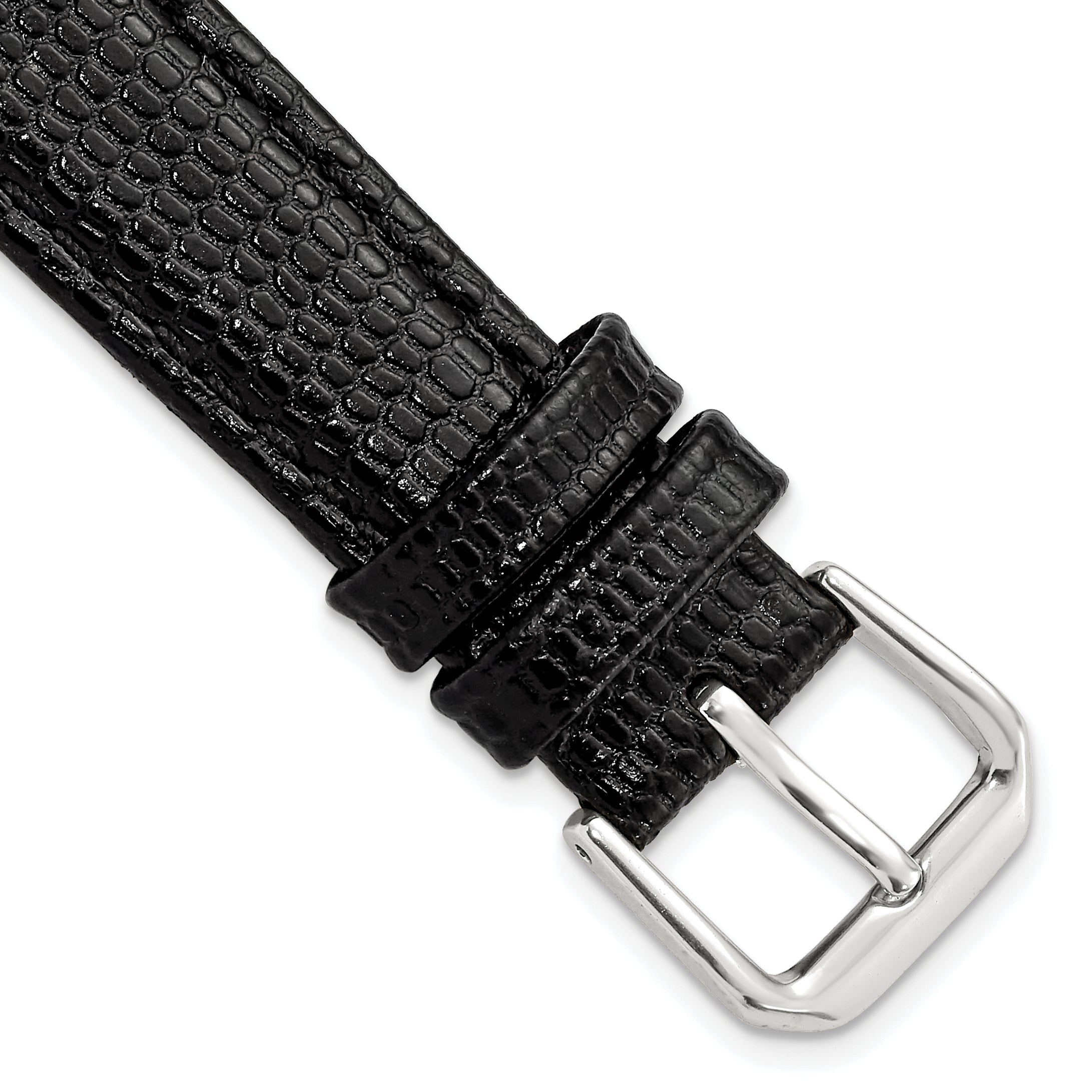 DeBeer 16mm Short Black Lizard Grain Leather with Silver-tone Buckle 6.75 inch Watch Band