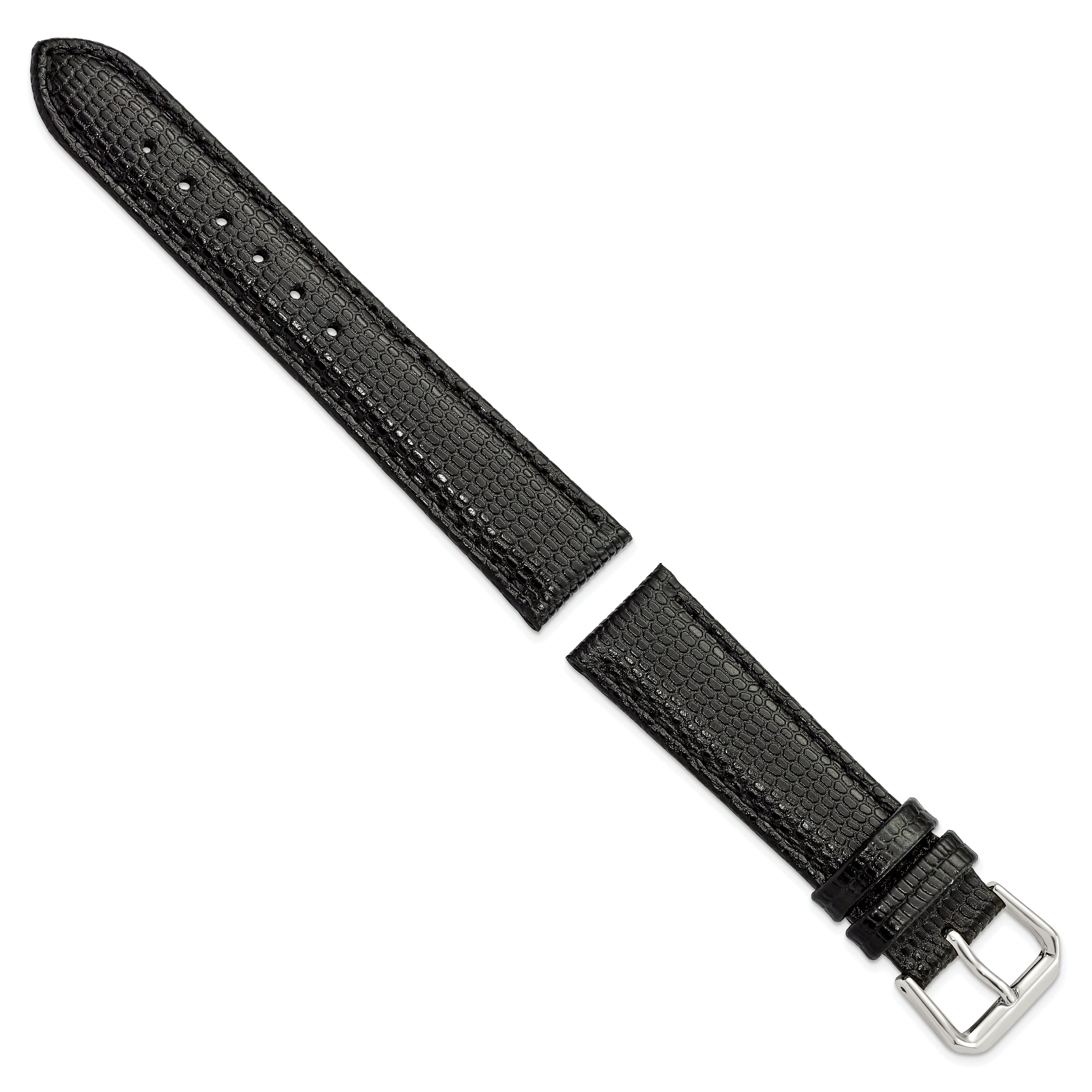 16mm Short Black Lizard Grain Leather with Silver-tone Buckle 6.75 inch Watch Band