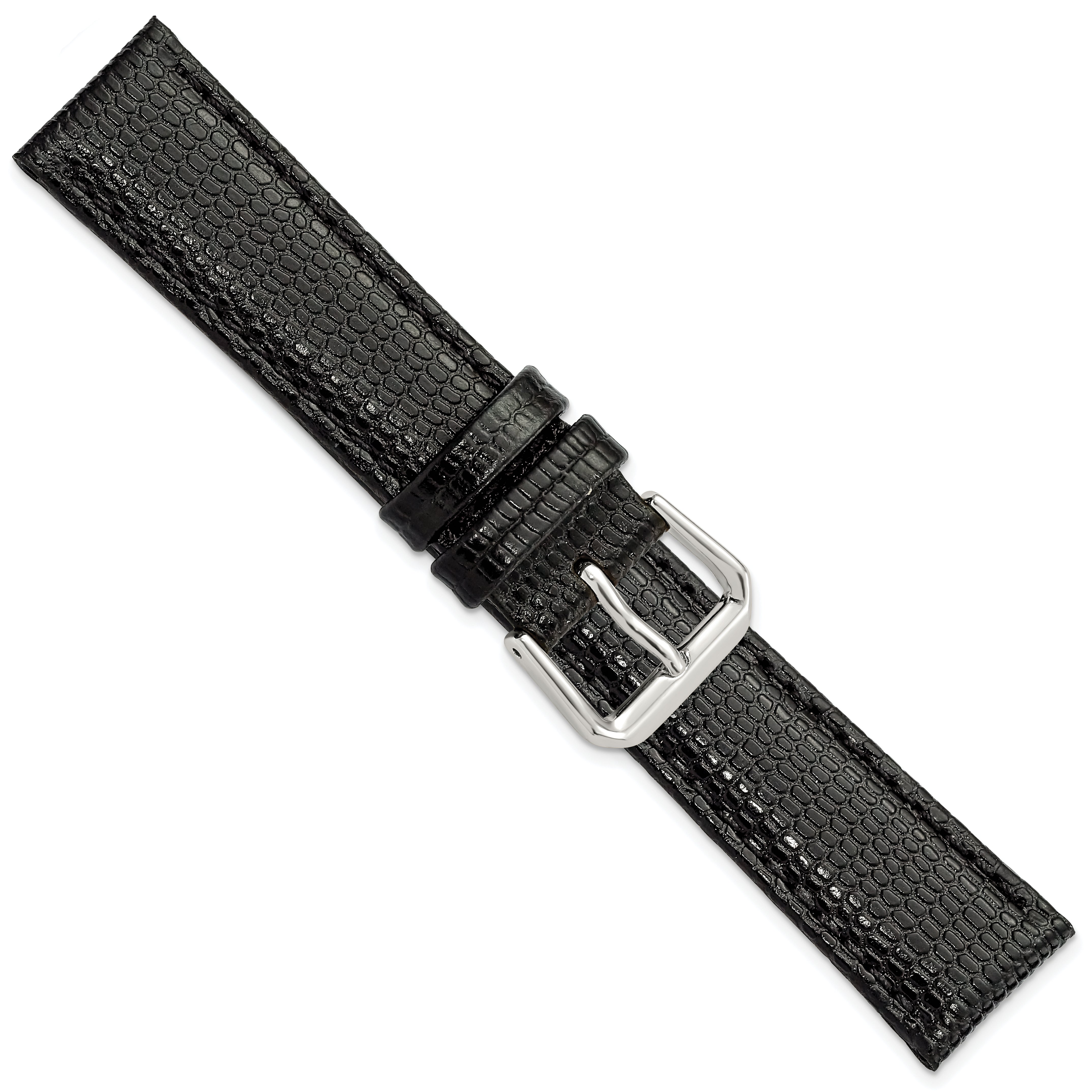 16mm Short Black Lizard Grain Leather with Silver-tone Buckle 6.75 inch Watch Band