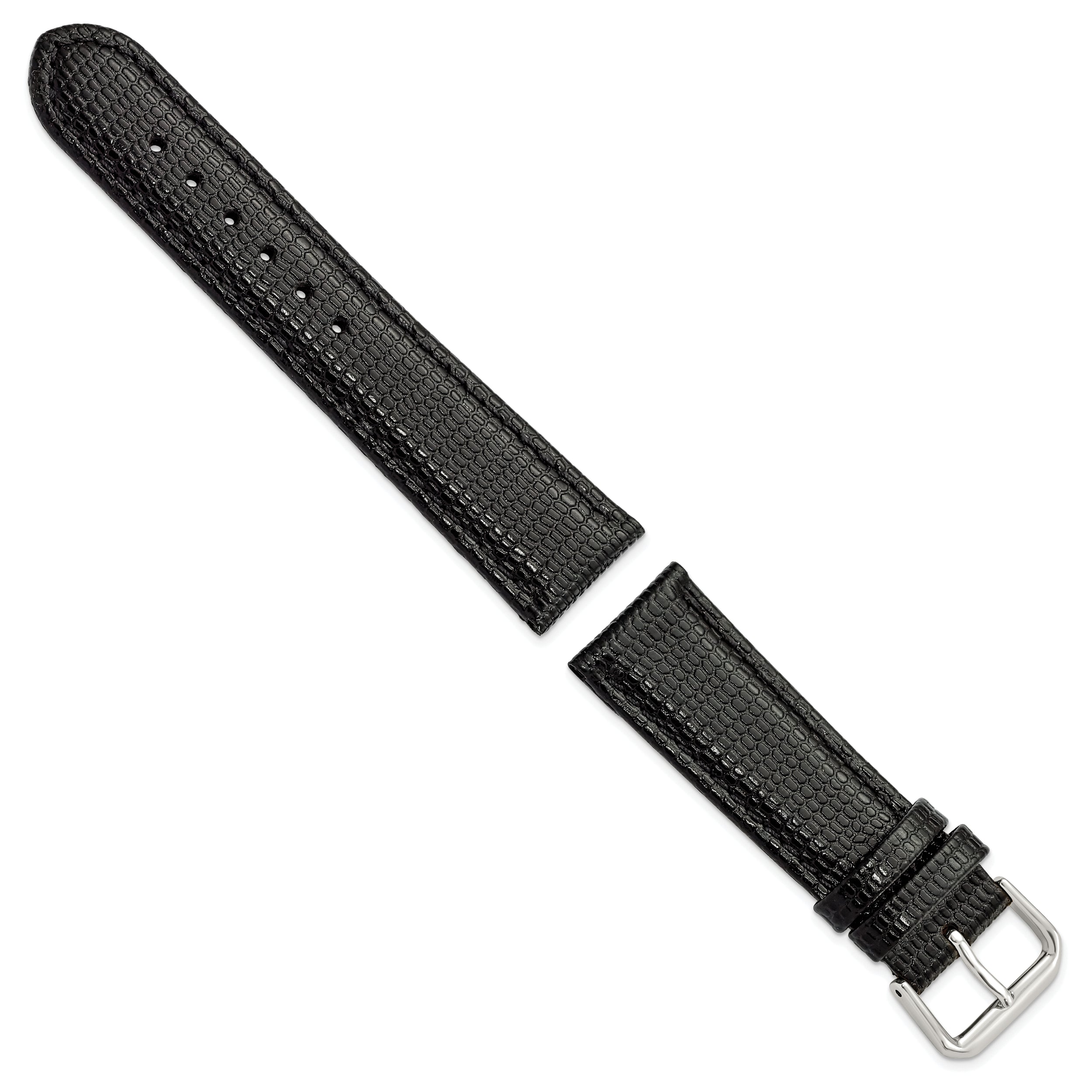 16mm Short Black Lizard Grain Leather with Silver-tone Buckle 6.75 inch Watch Band