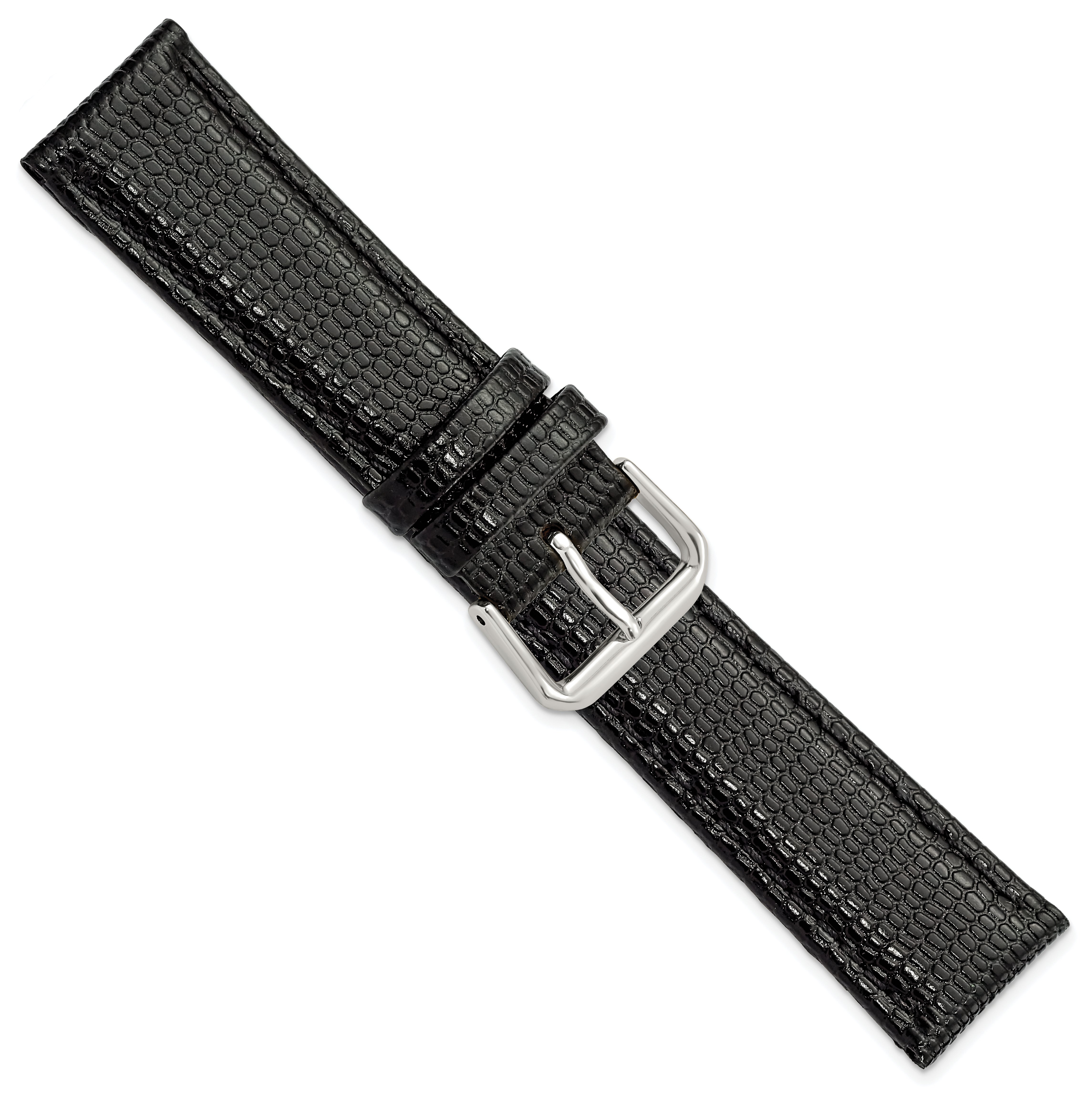 16mm Short Black Lizard Grain Leather with Silver-tone Buckle 6.75 inch Watch Band